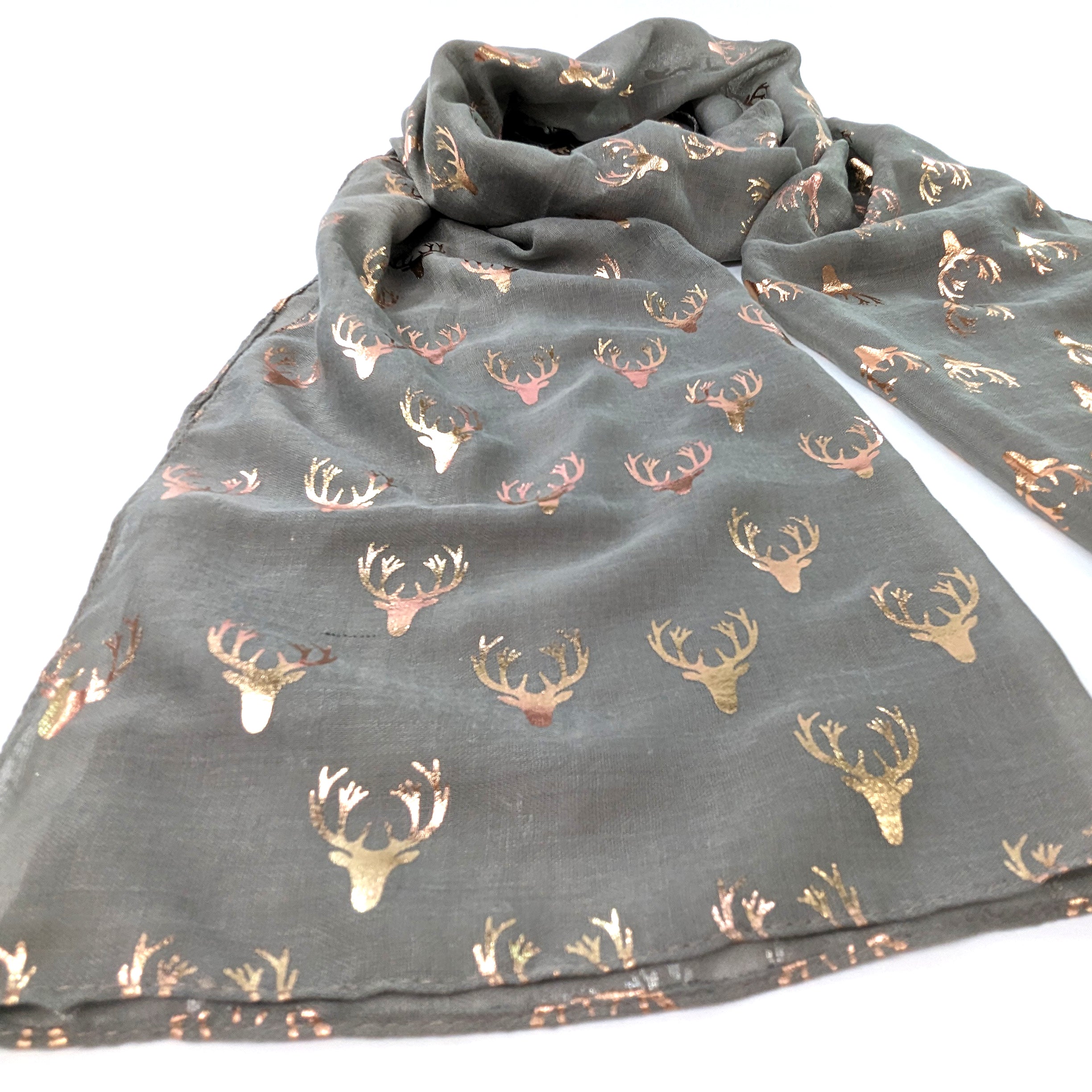 Seli - Stag Head Scarf - Rose Gold on Grey