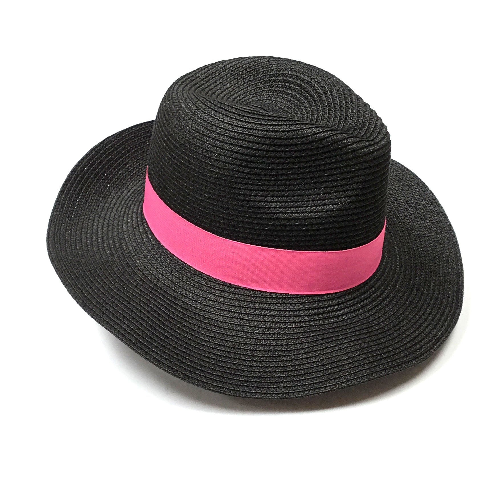 Folding Panama Style Travel Sun Hat - Black & Pink (57cm)