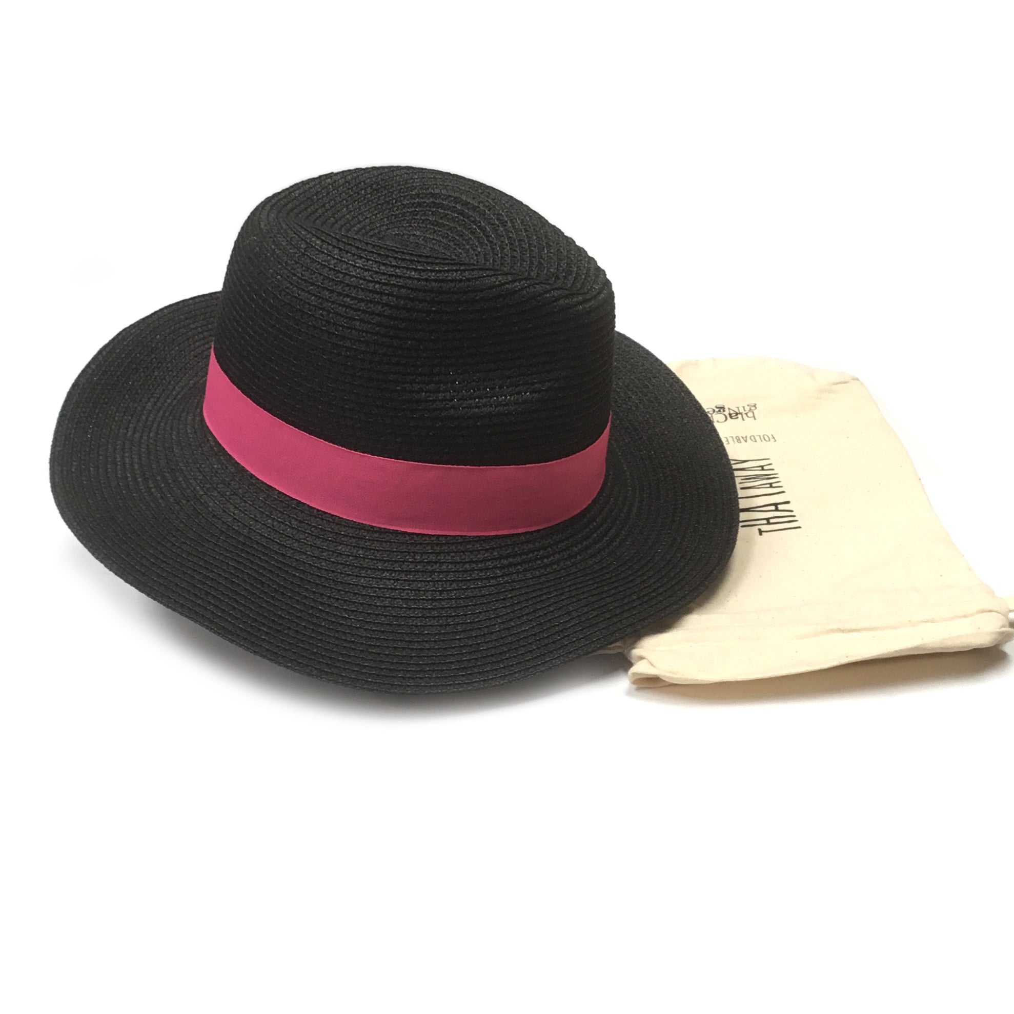 Folding Panama Style Travel Sun Hat - Black & Pink (57cm)