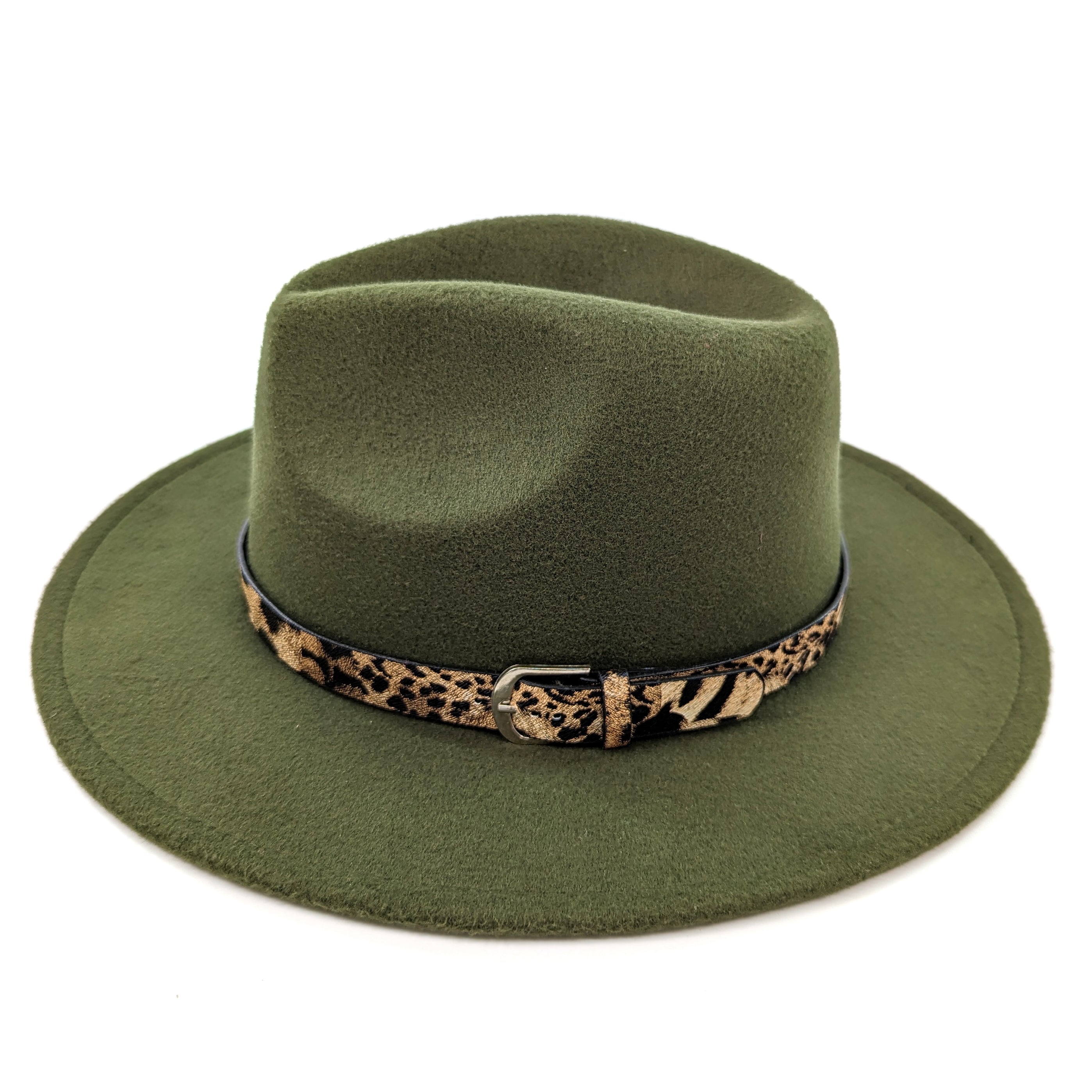 Animal Print Band Fedora Hat - Forest Green
