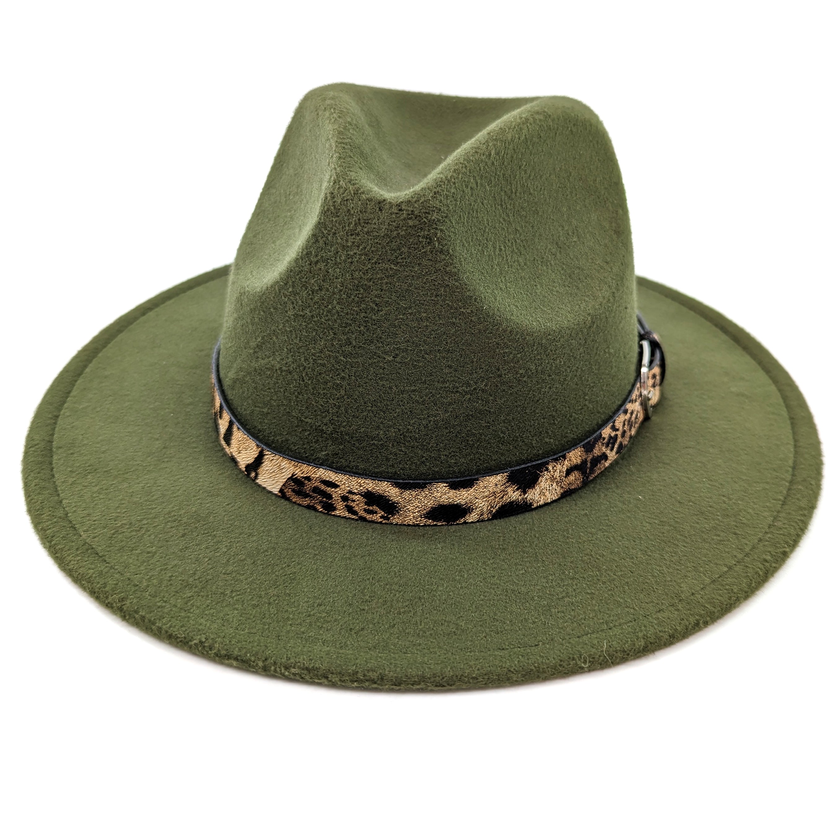 Animal Print Band Fedora Hat - Forest Green