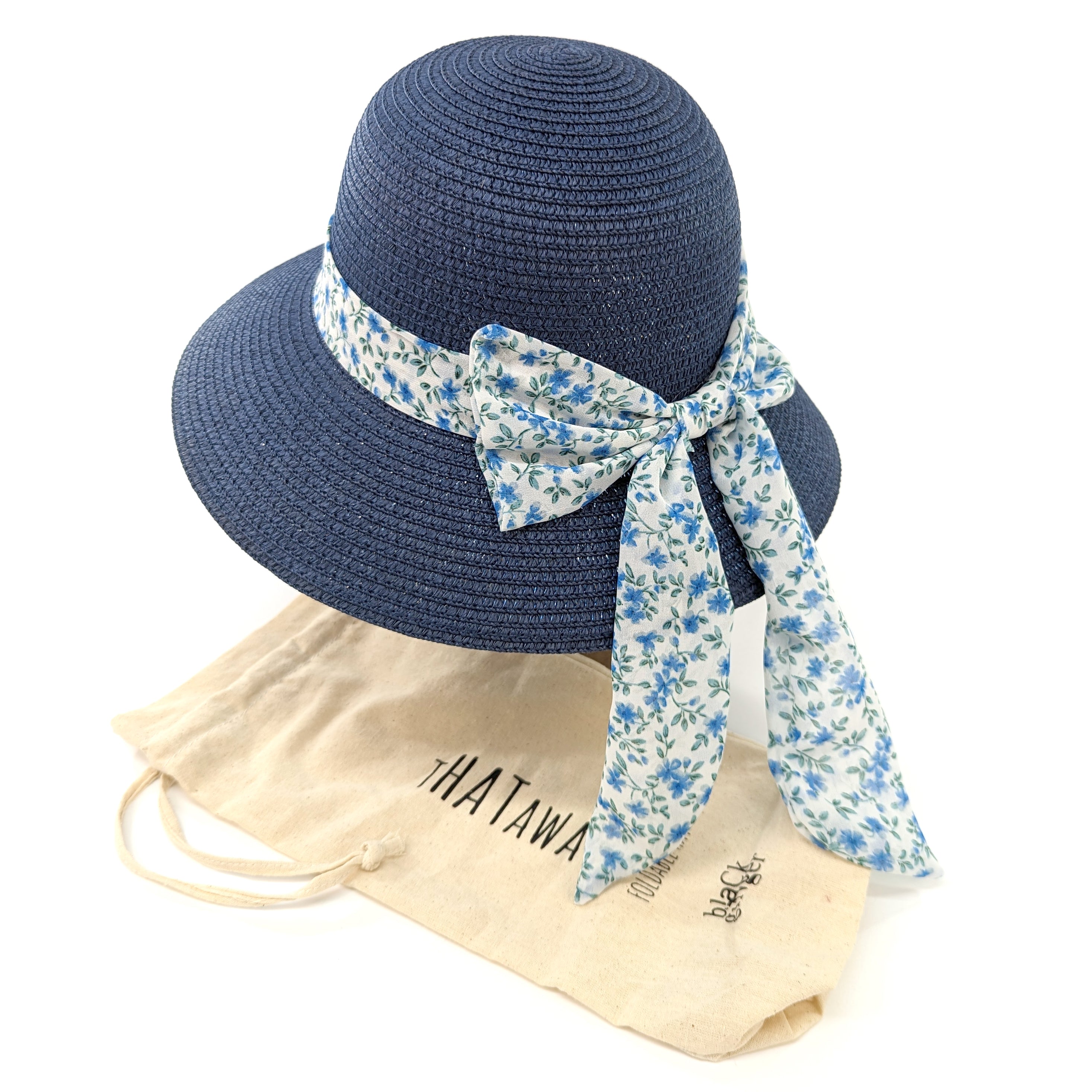 Chapeau de soleil de voyage pliable pour femme – Ruban marguerite bleu foncé (57 cm)