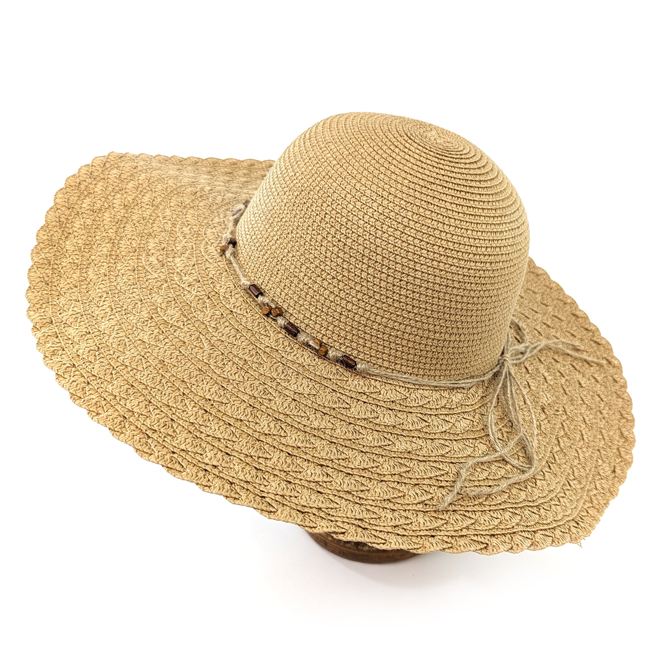 Folding Wide Brim Travel Sun Hat - Dark Natural Beaded Band(57cm)
