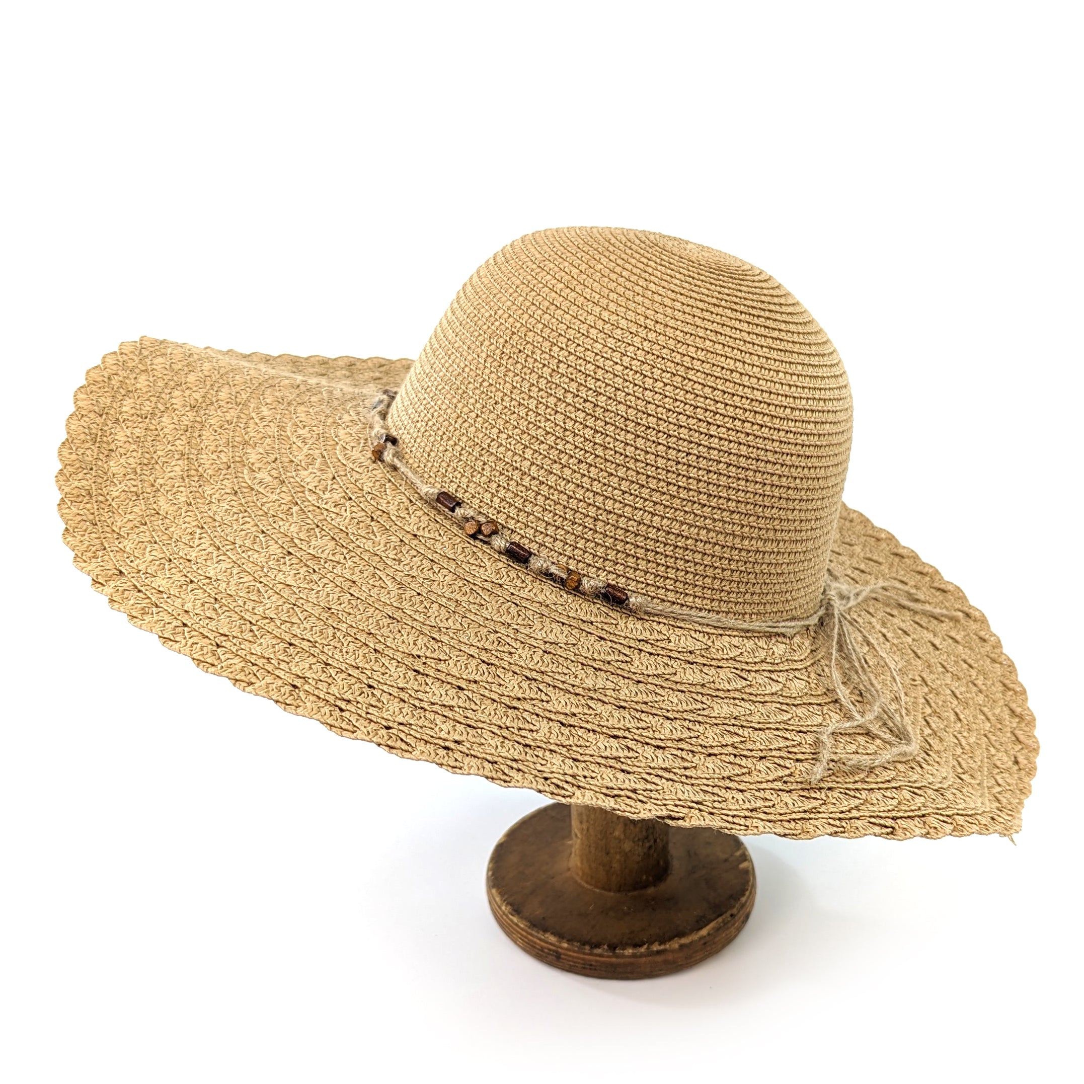 Folding Wide Brim Travel Sun Hat - Dark Natural Beaded Band(57cm)