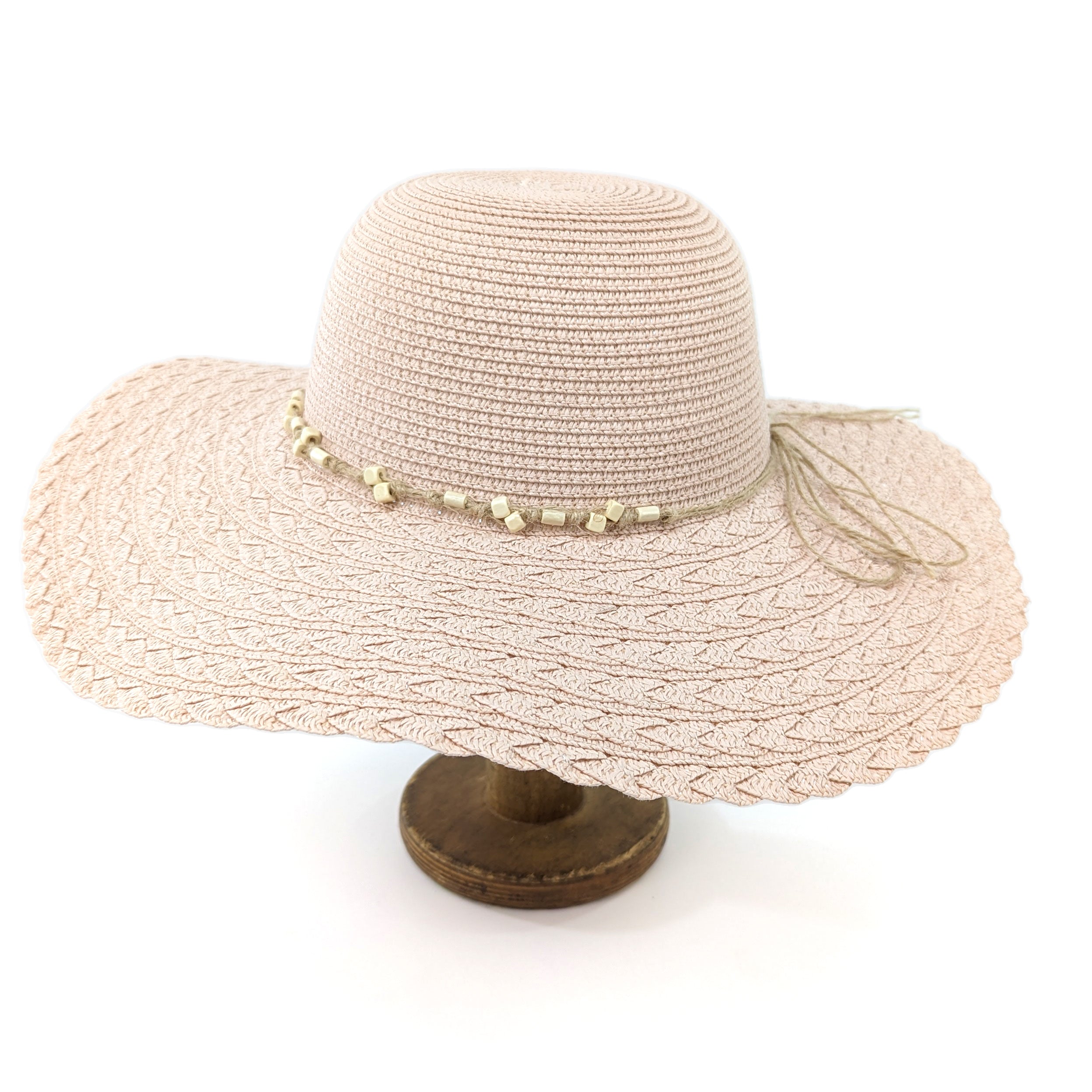 Folding Wide Brim Travel Sun Hat - Pink Beaded Band(57cm)
