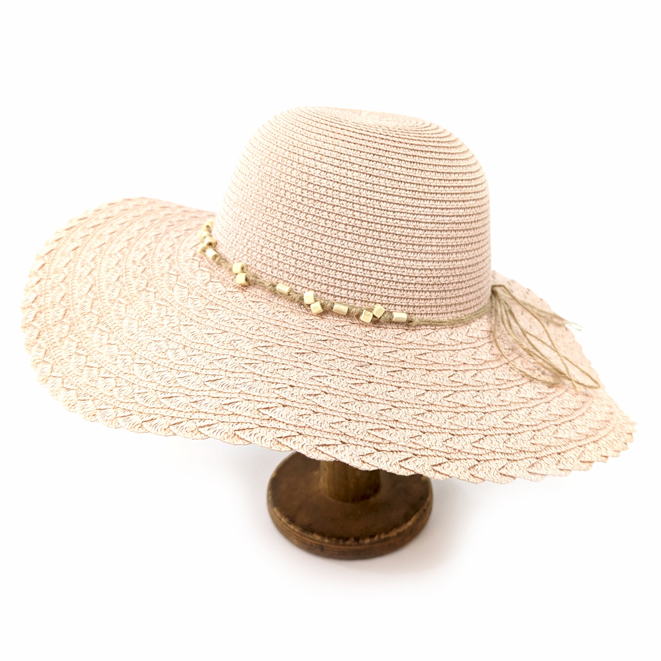Folding Wide Brim Travel Sun Hat - Pink Beaded Band(57cm)