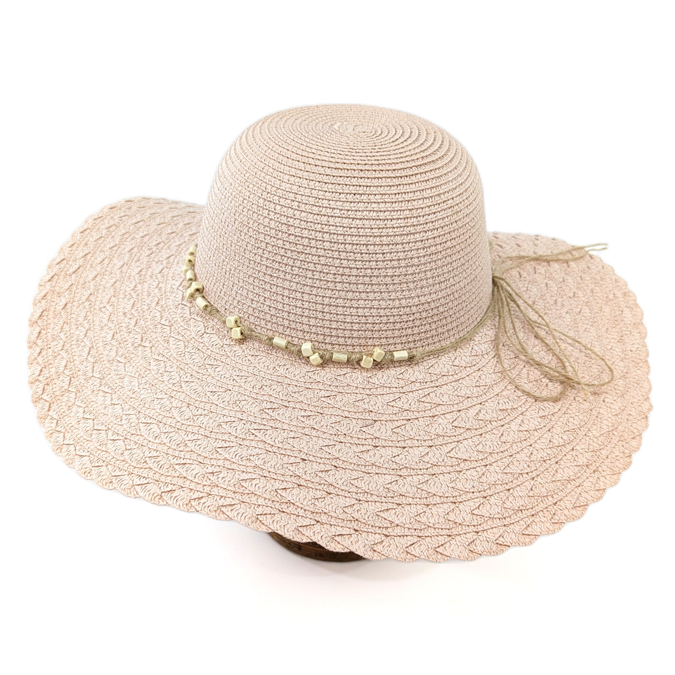 Chapeau de soleil de voyage pliable à large bord – Bande de perles rose (57 cm)