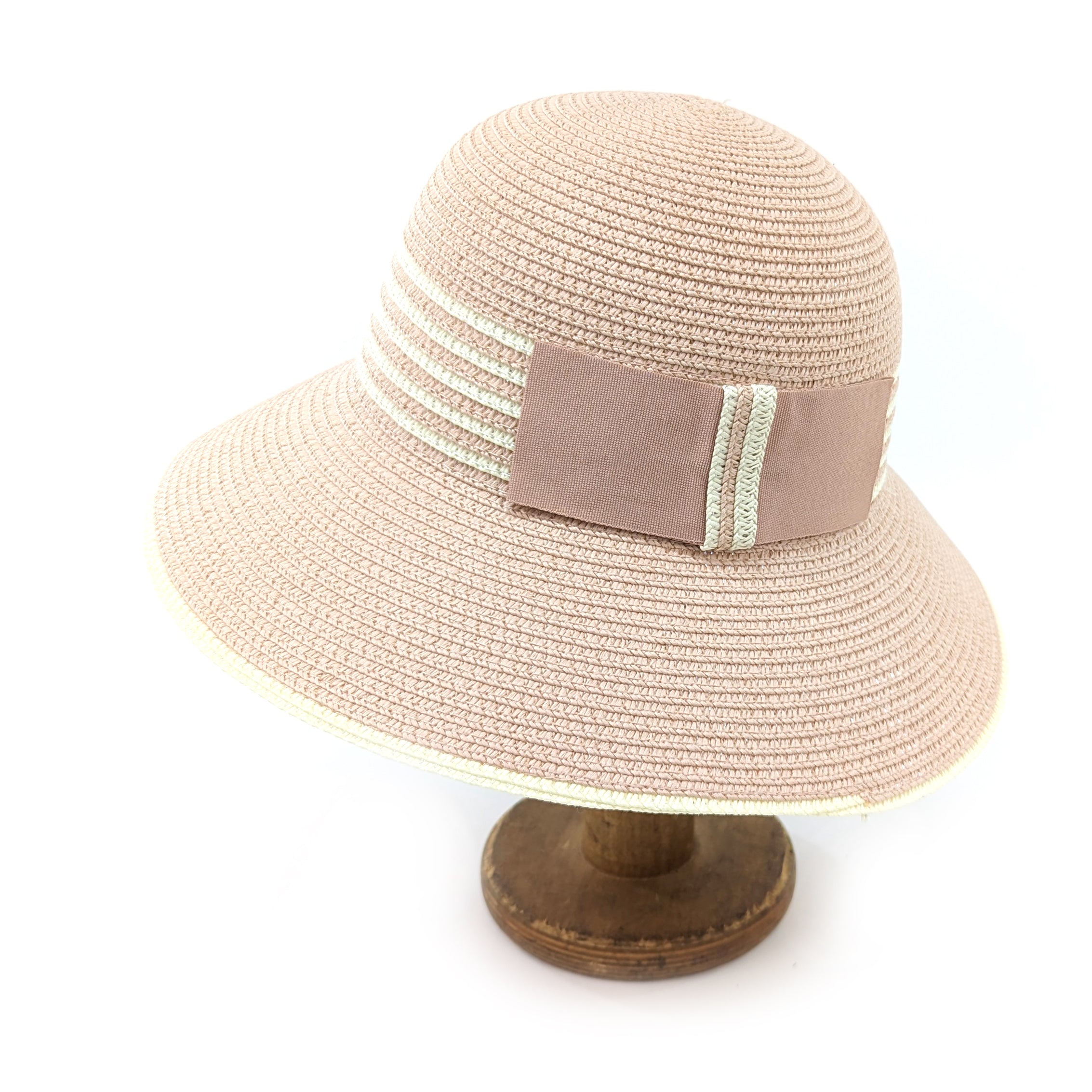 Folding Cloche Style Travel Sun Hat - Pink with Black Stripey Band