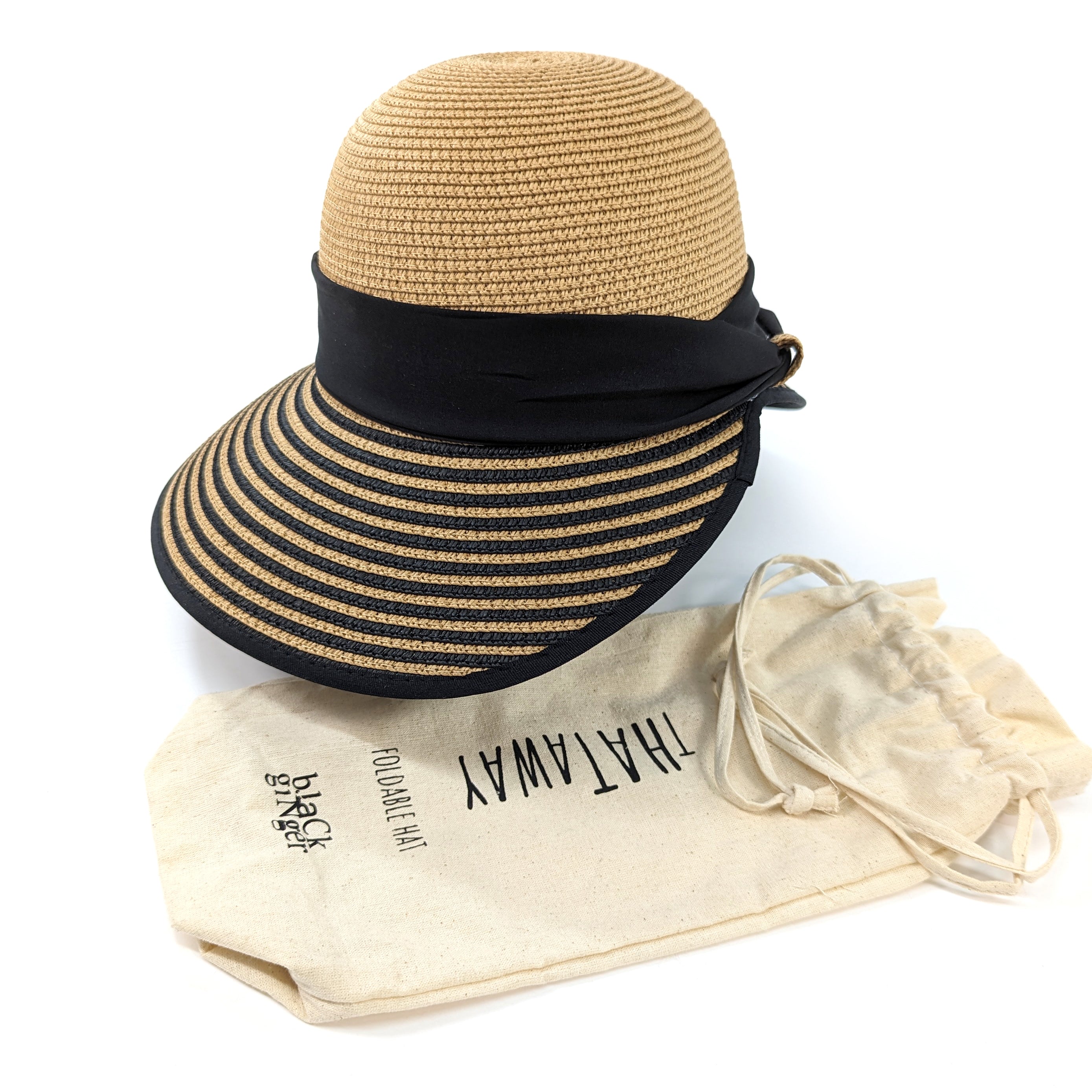 Stripey Open Back Foldable Hat - Dark Natural