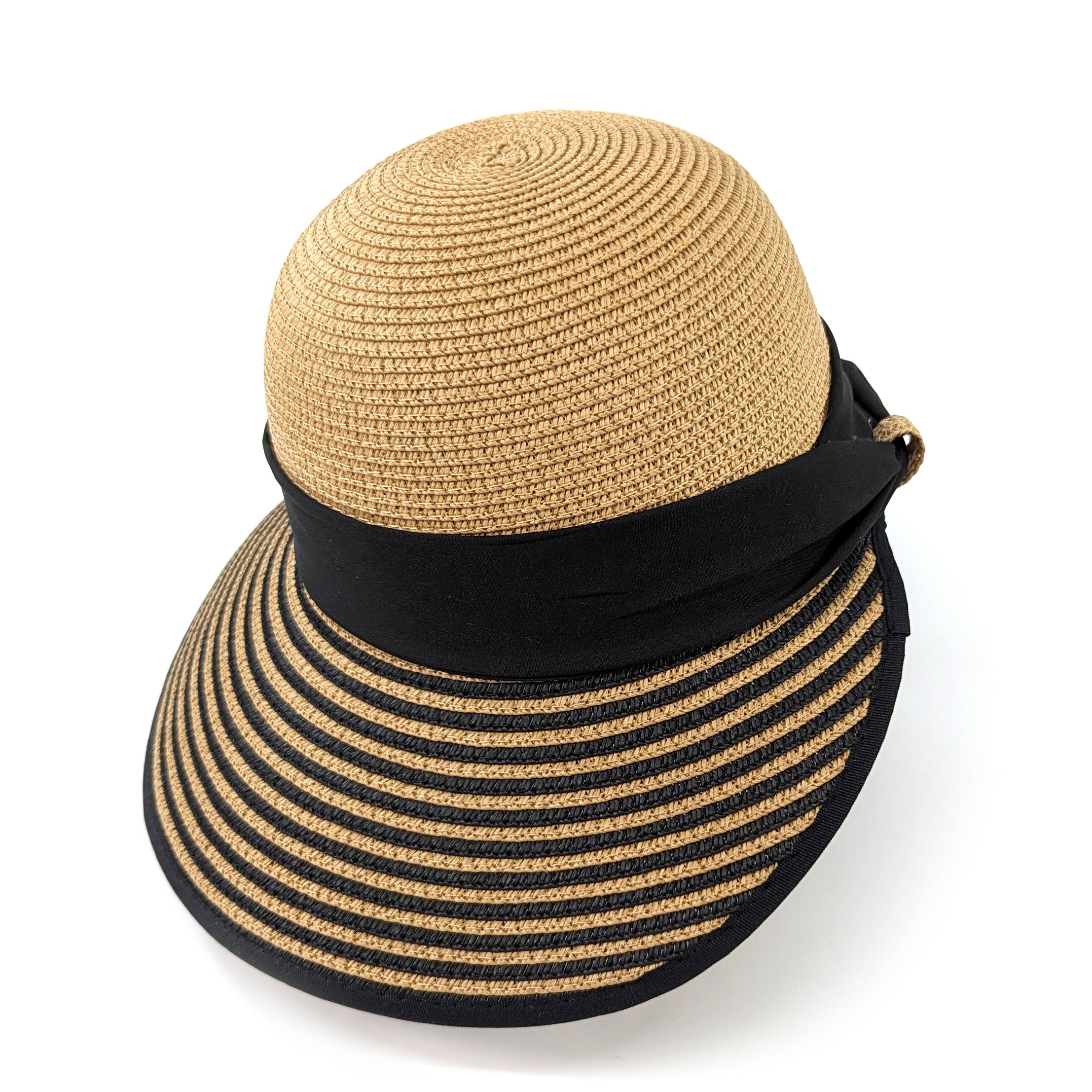 Stripey Open Back Foldable Hat - Dark Natural