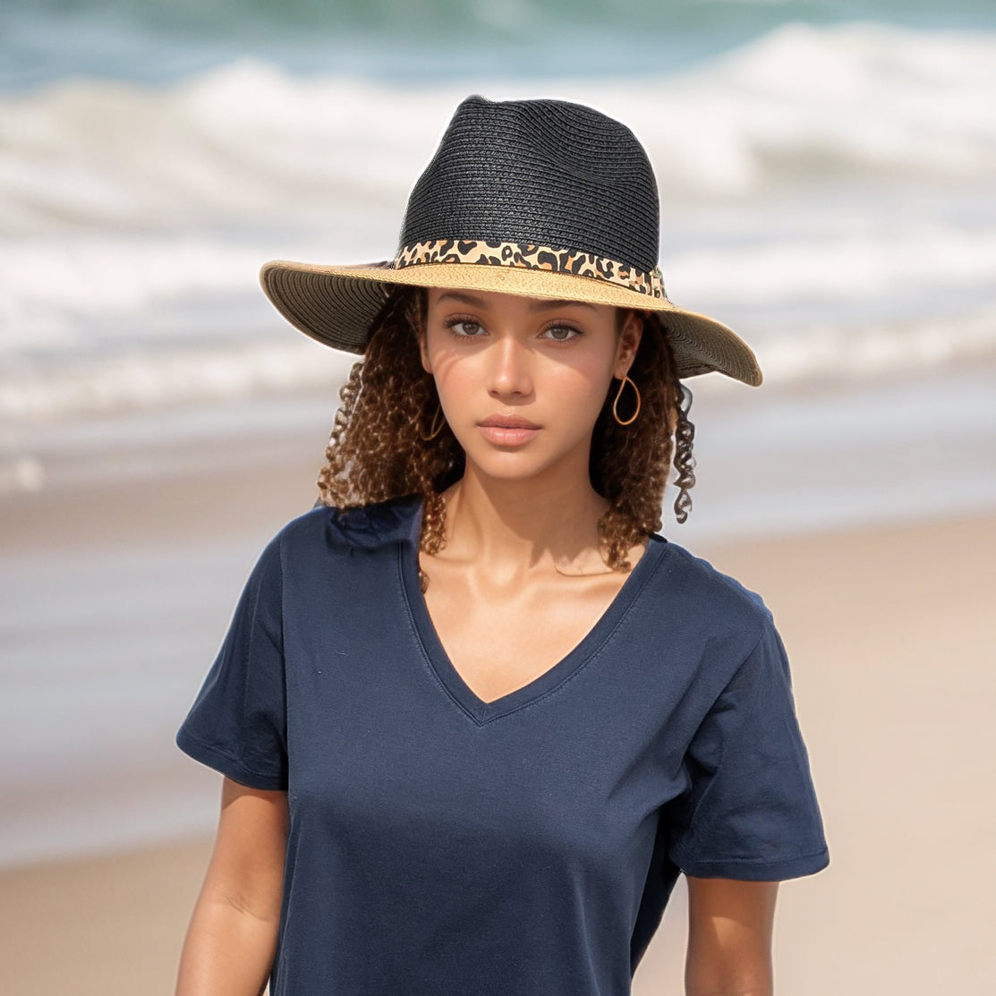 Two Tone Panama Foldable Hat (57cm) - Black/Natural