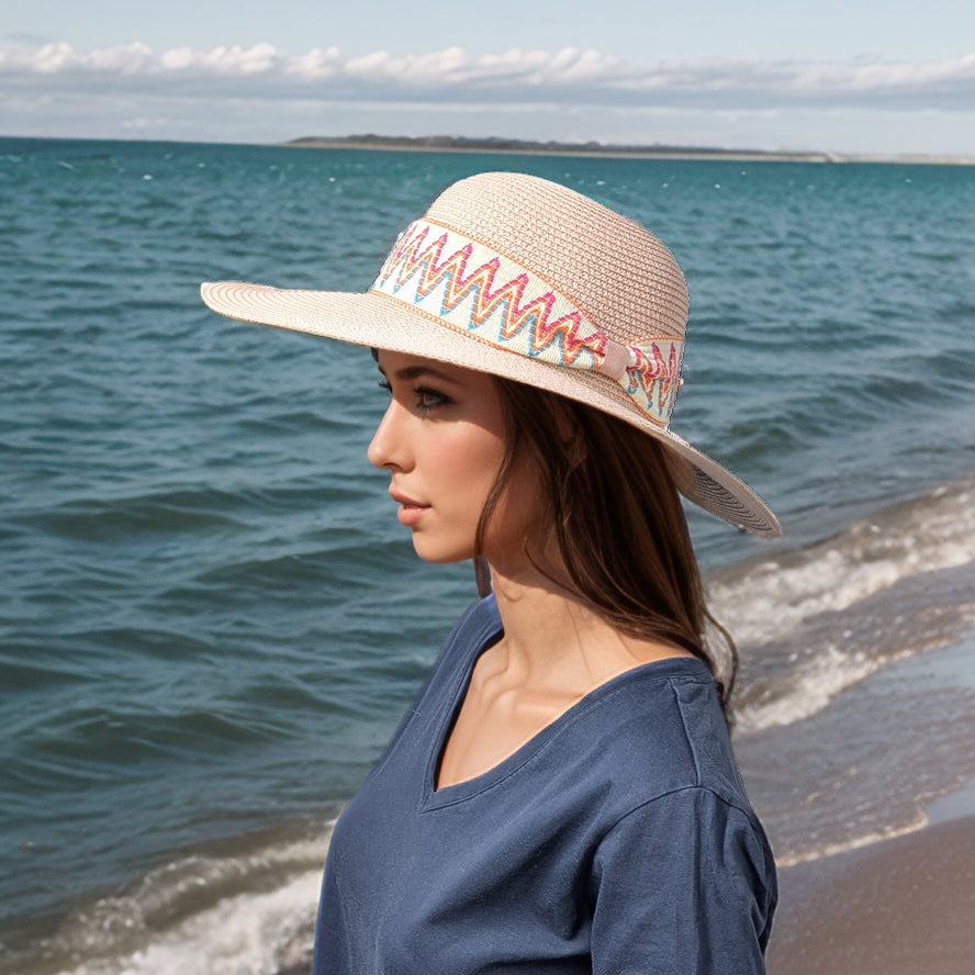 Wide Brim, ZigZag Band Foldable Hat (57cm) - Pink