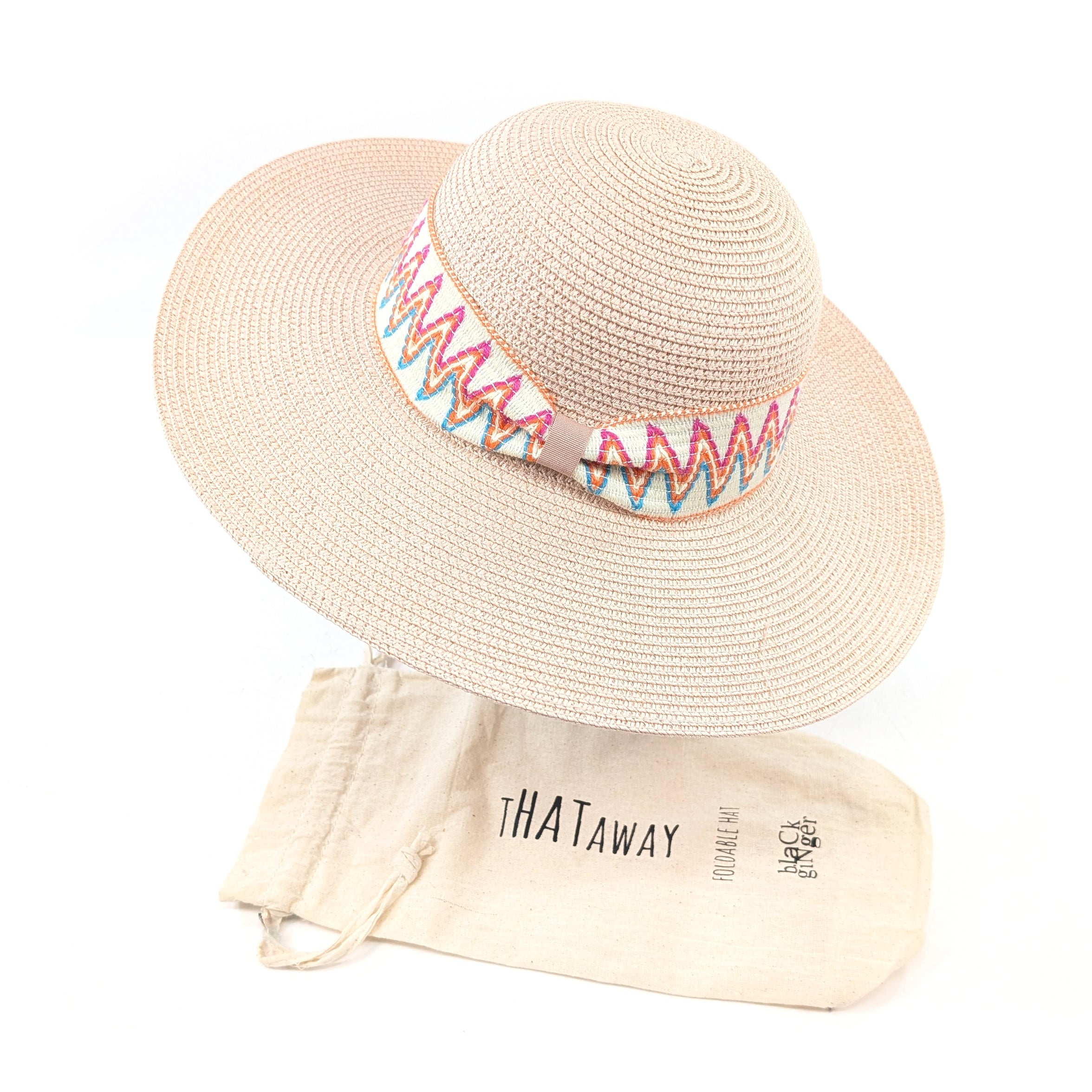 Wide Brim, ZigZag Band Foldable Hat (57cm) - Pink