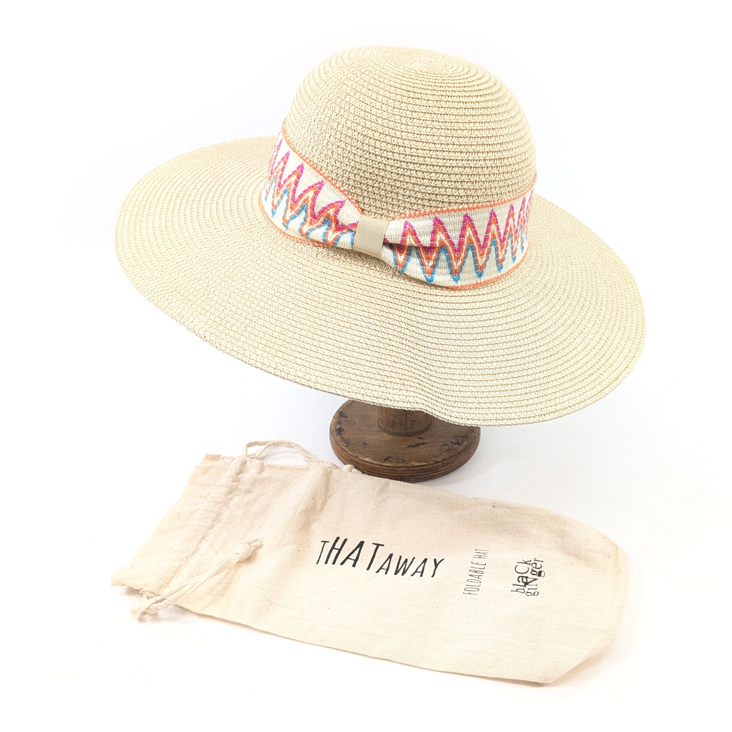 Wide Brim, ZigZag Band Foldable Hat (57cm) - Natural