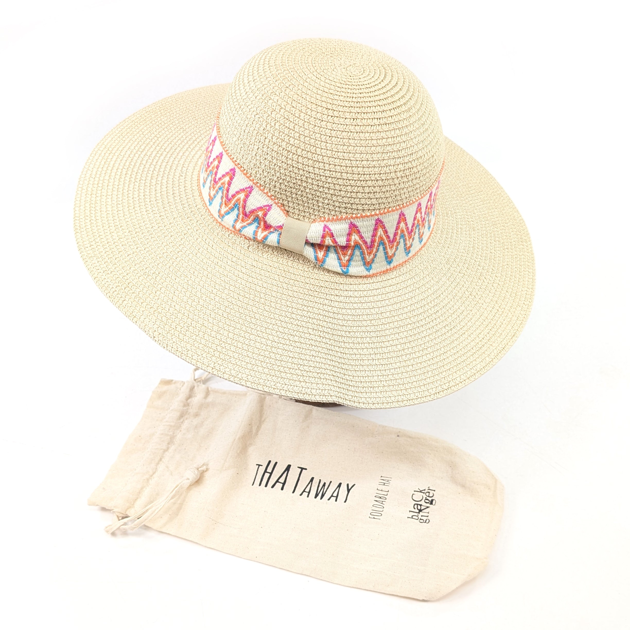 Wide Brim, ZigZag Band Foldable Hat (57cm) - Natural