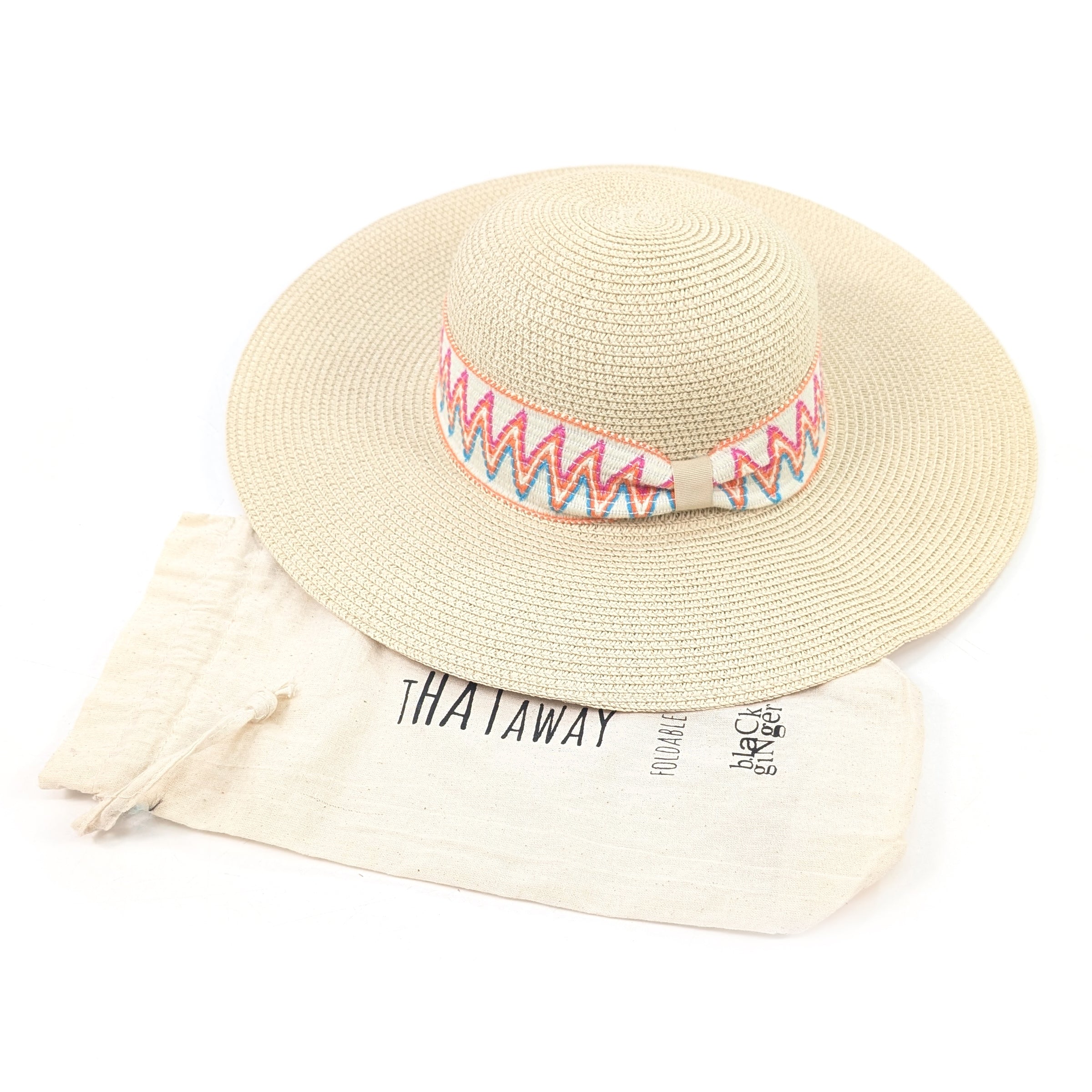 Wide Brim, ZigZag Band Foldable Hat (57cm) - Natural