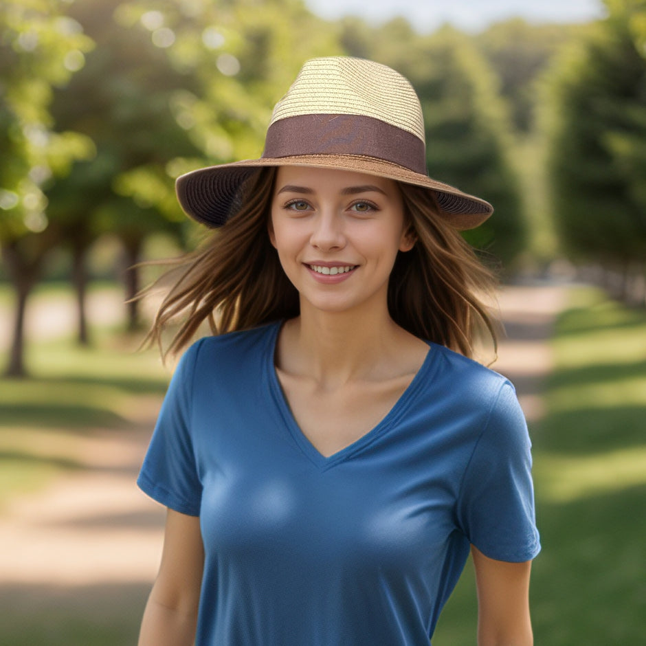 Open Back Panama Foldable Hat (57cm) - Natural/Chocolate