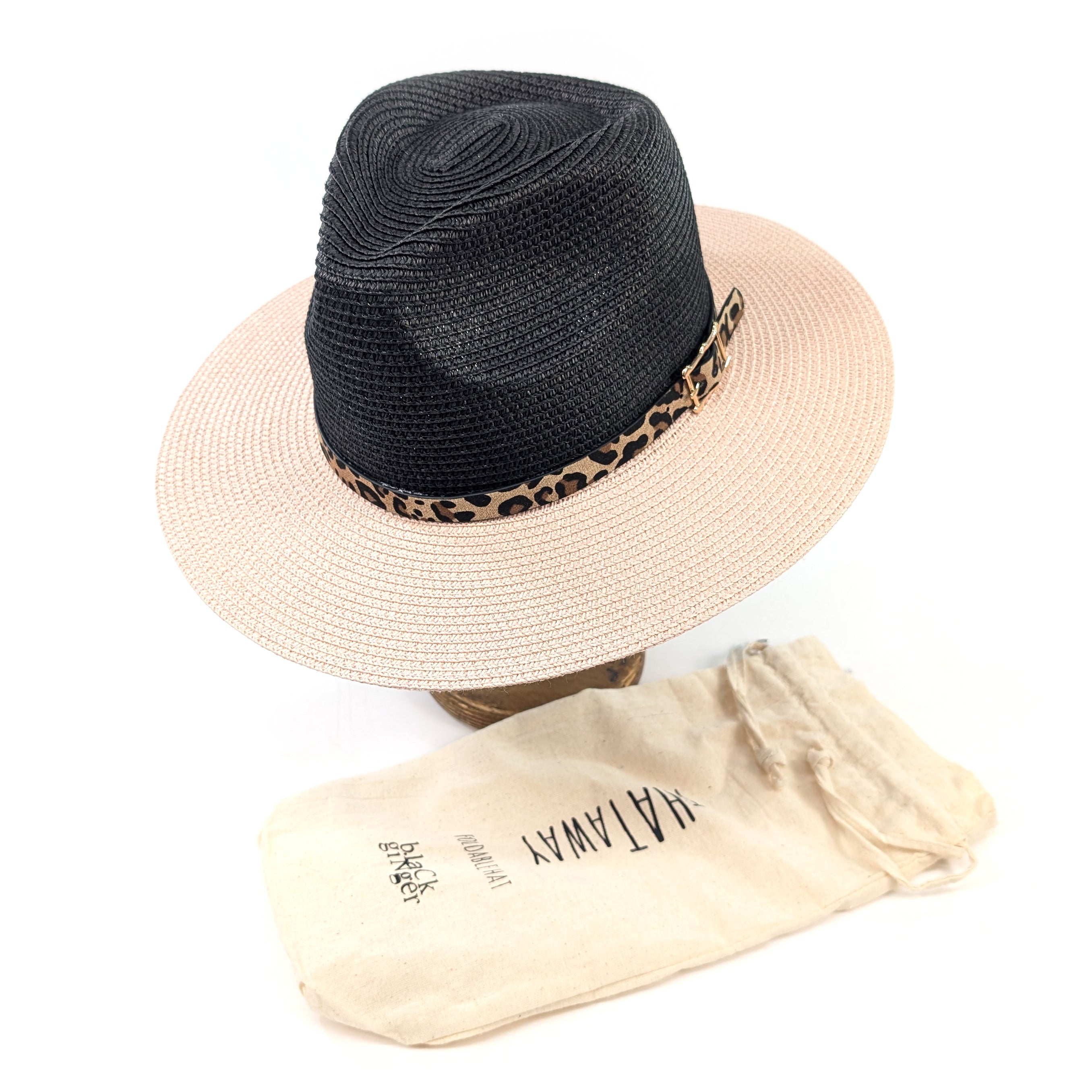 Two Tone Panama Foldable Hat (57cm) - Black/Pink