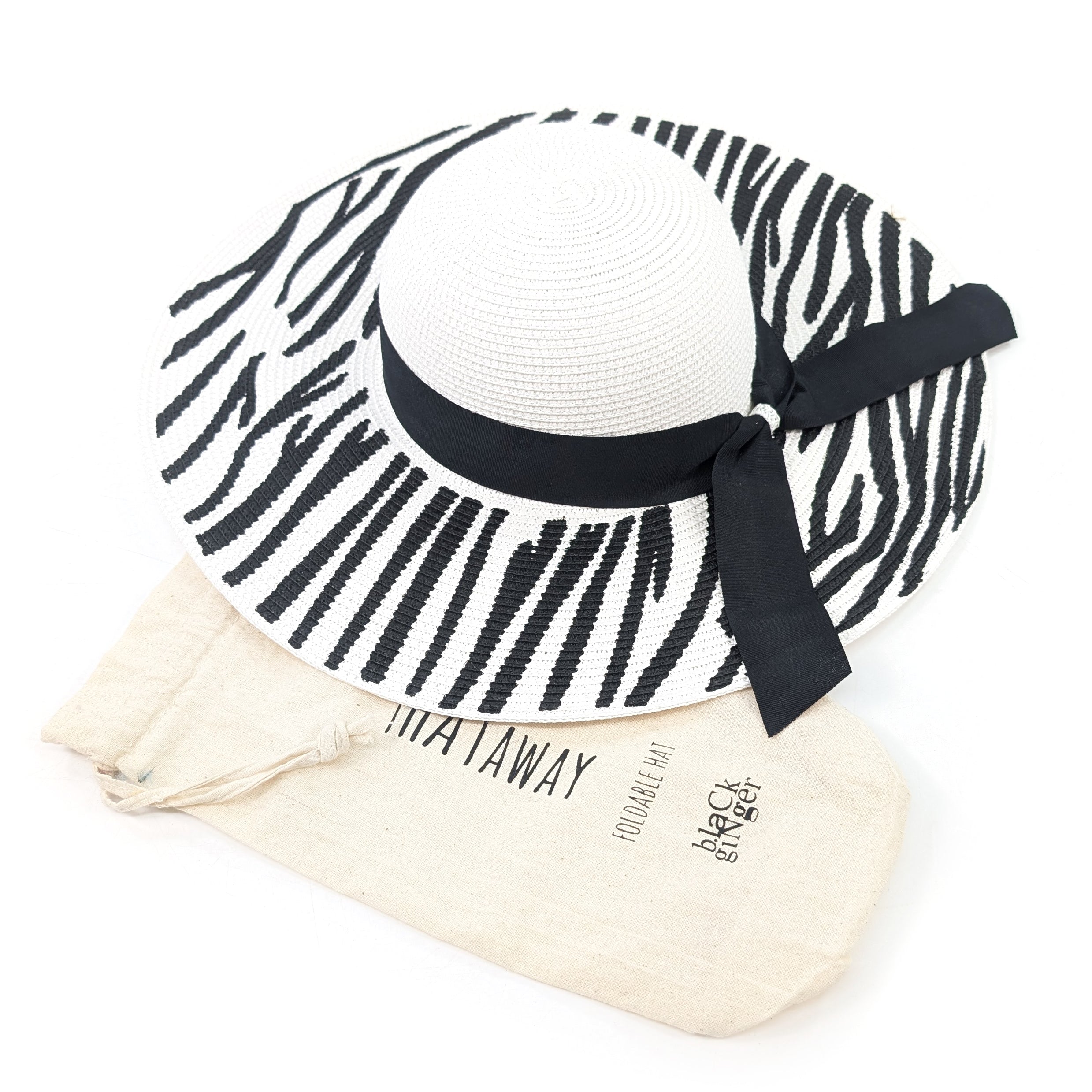 Zebra Print Wide Brim Foldable Hat (57cm) - White/Black