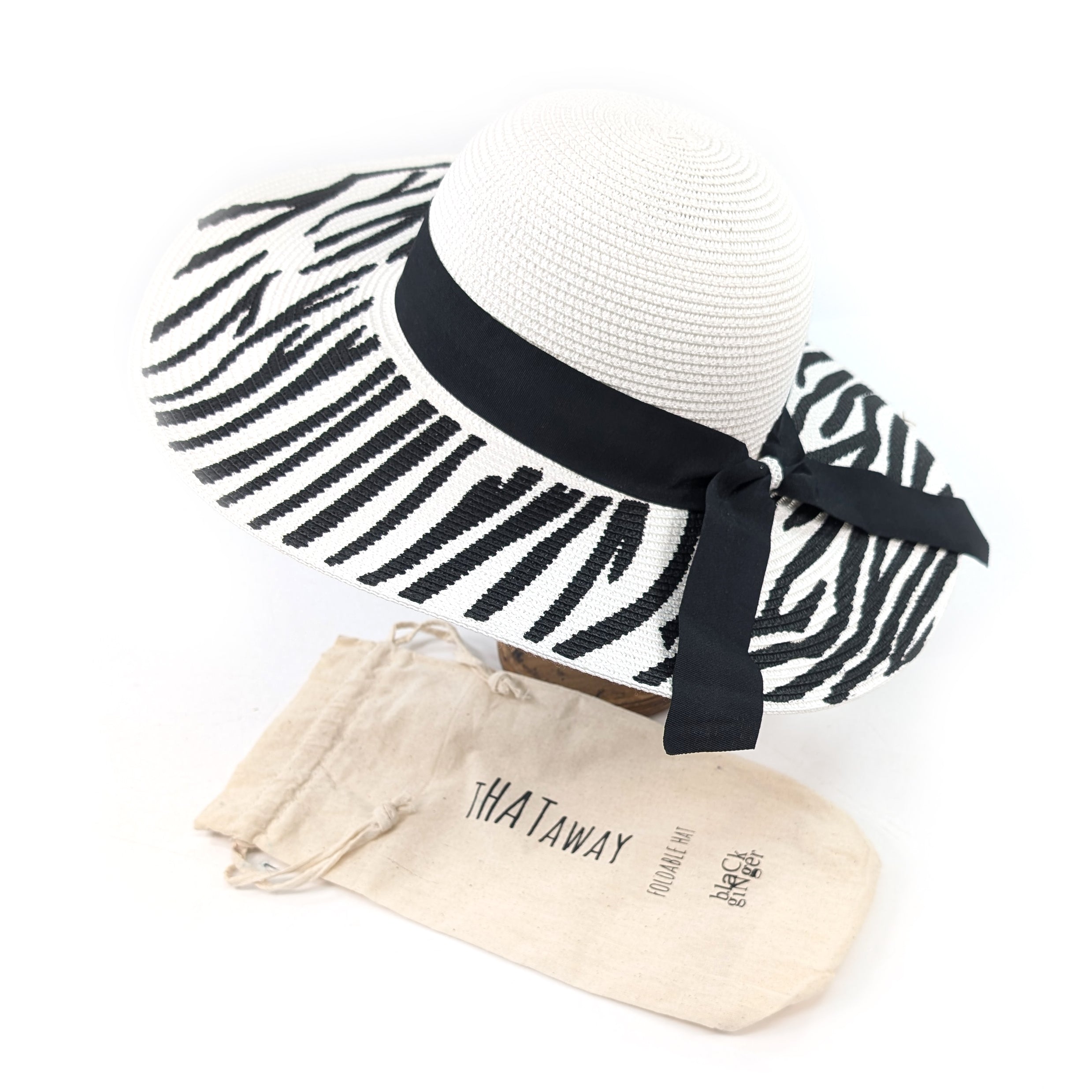 Zebra Print Wide Brim Foldable Hat (57cm) - White/Black