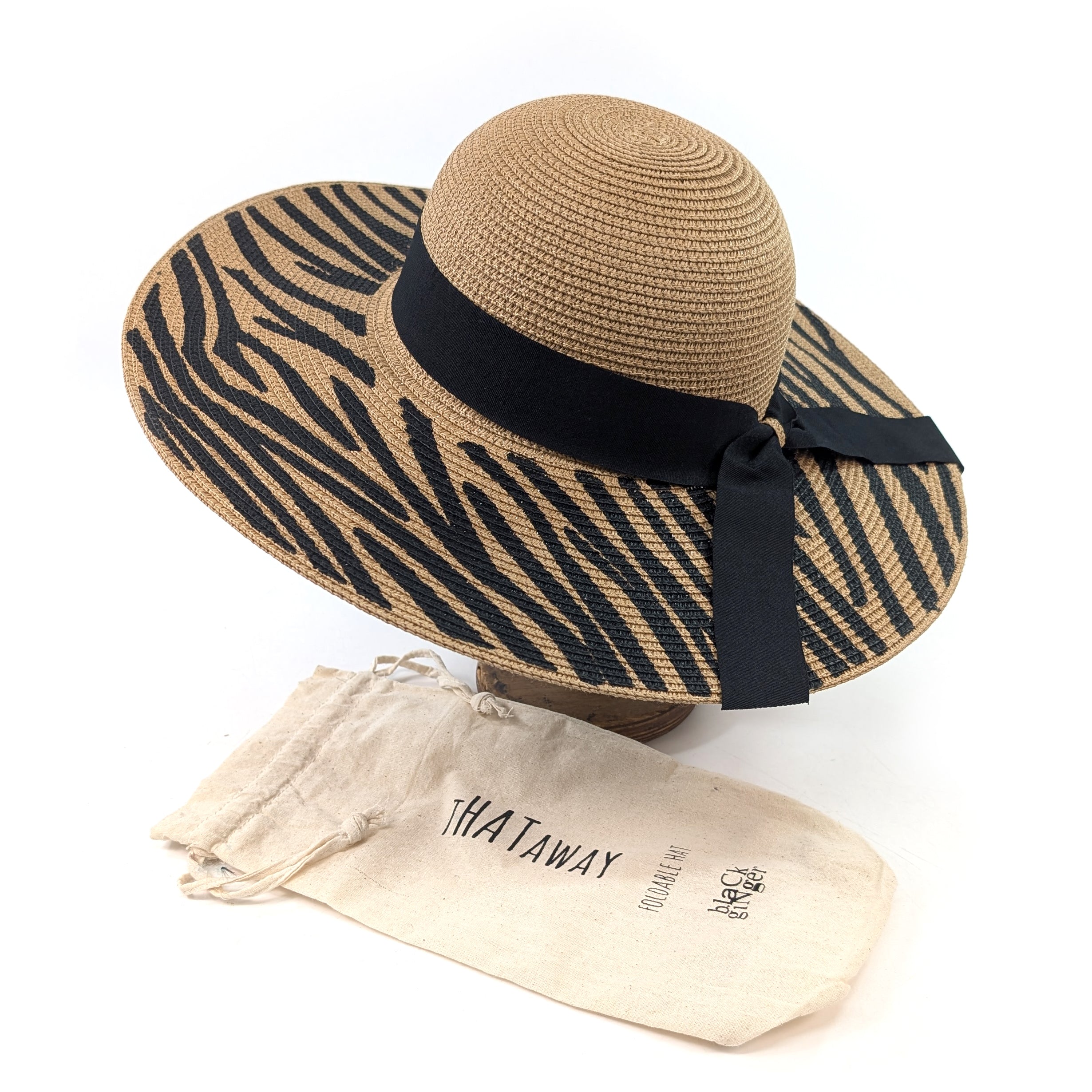 Zebra Print Wide Brim Foldable Hat (57cm) - Dark Natural/Black