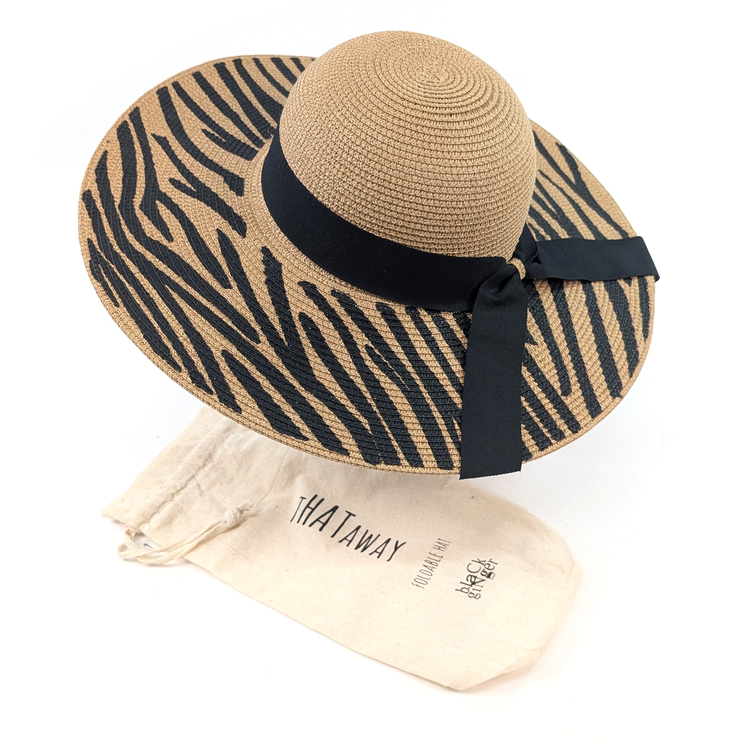 Zebra Print Wide Brim Foldable Hat (57cm) - Dark Natural/Black