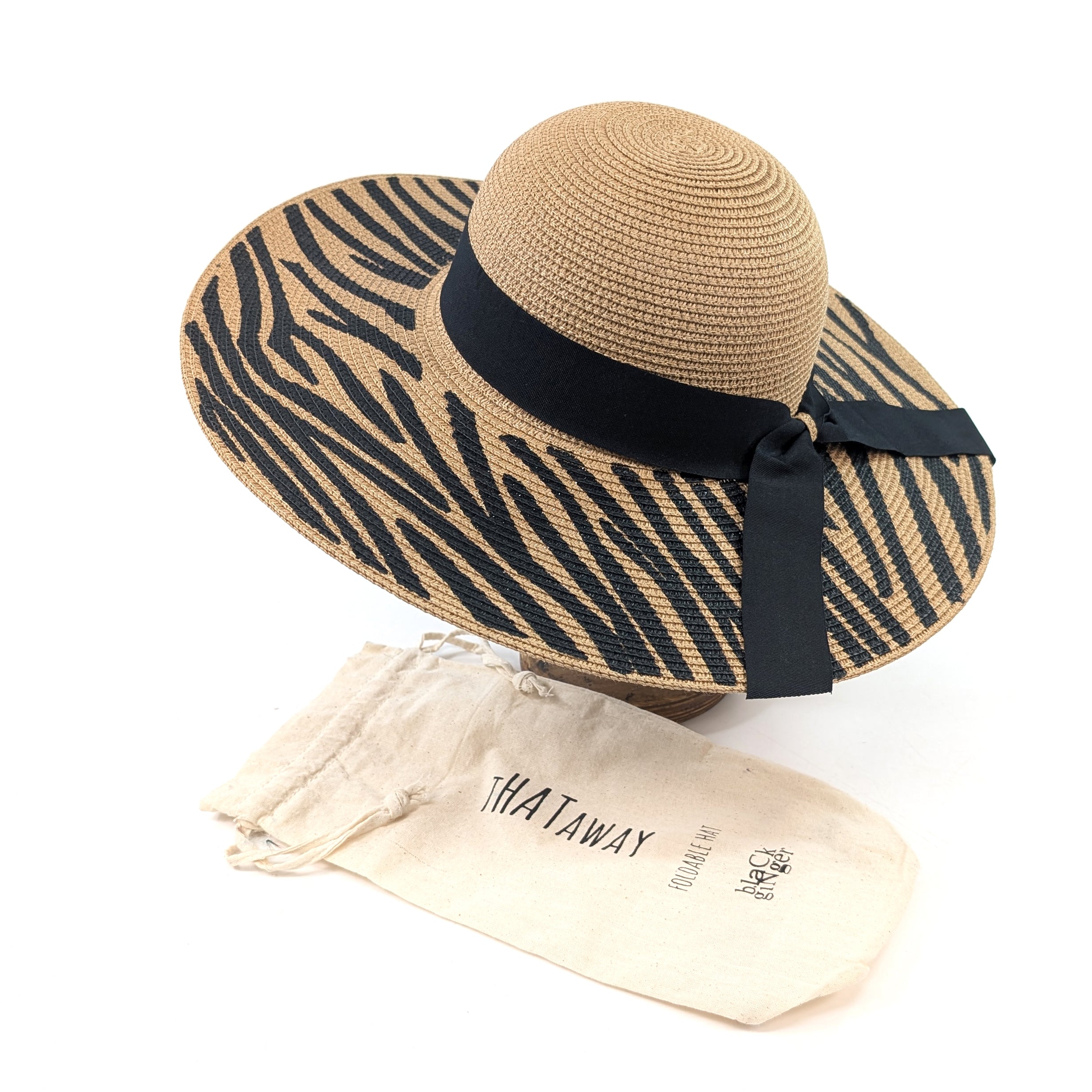 Zebra Print Wide Brim Foldable Hat (57cm) - Dark Natural/Black