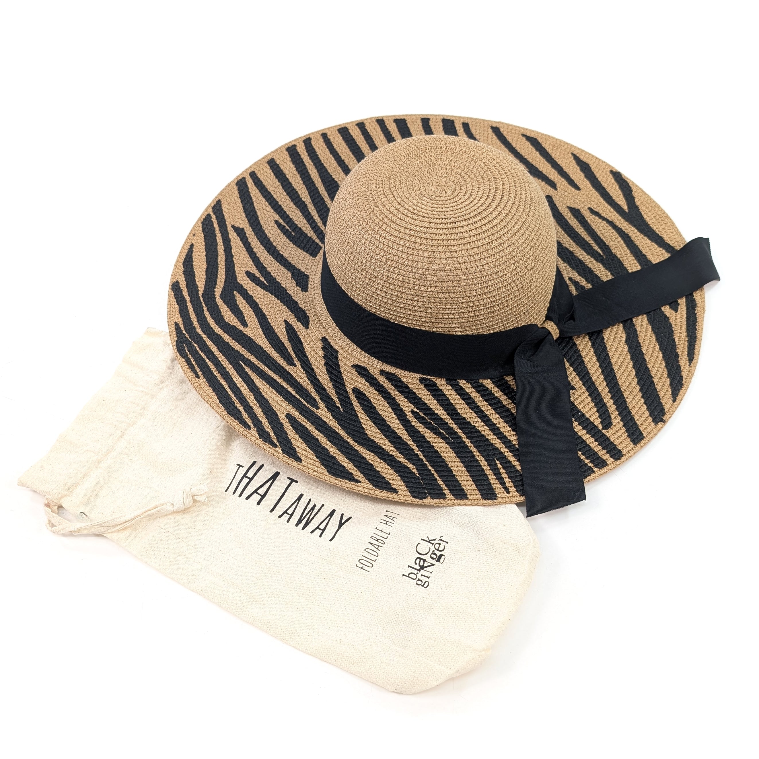 Zebra Print Wide Brim Foldable Hat (57cm) - Dark Natural/Black