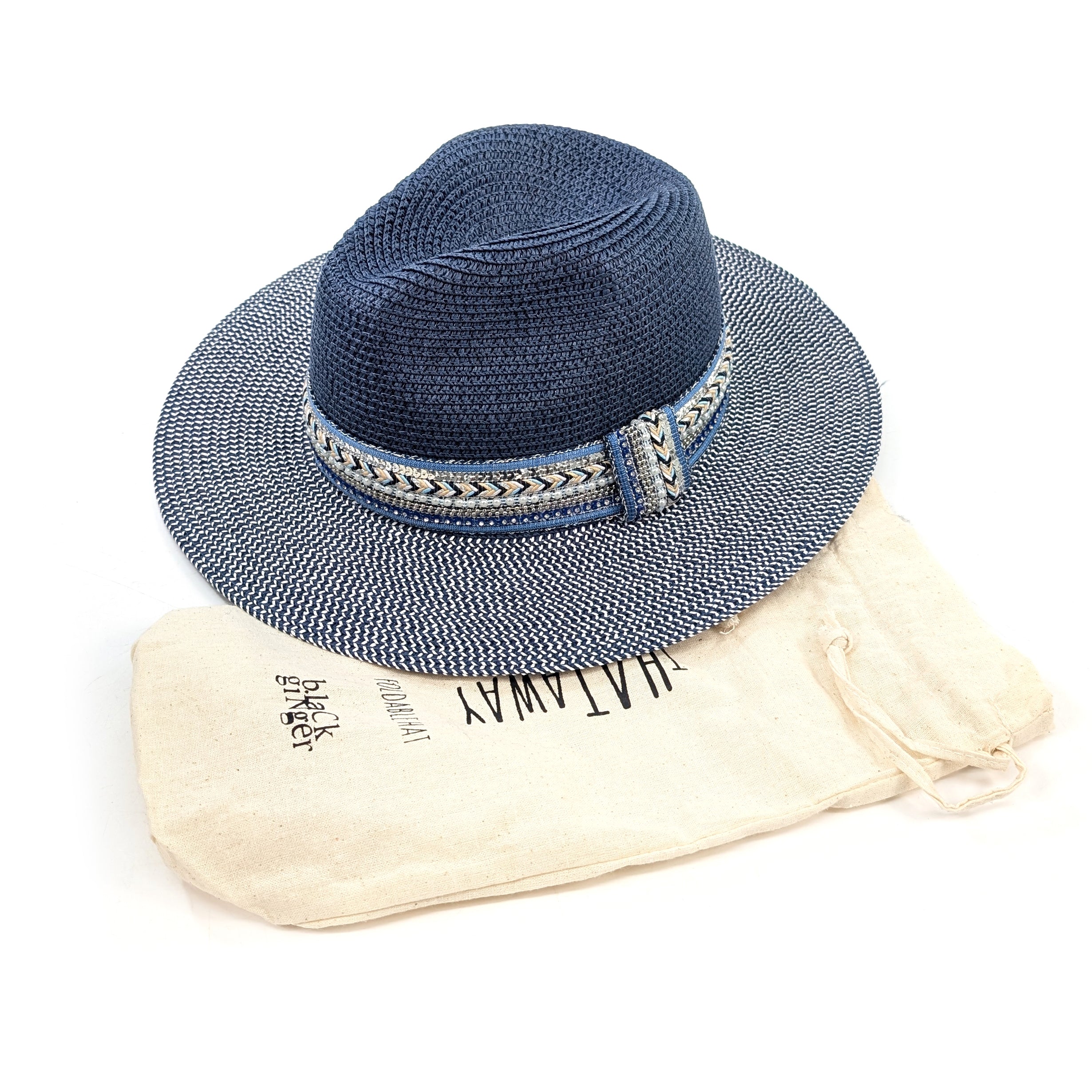 Jewelled Band Panama Foldable Hat (57cm) - Navy Blue