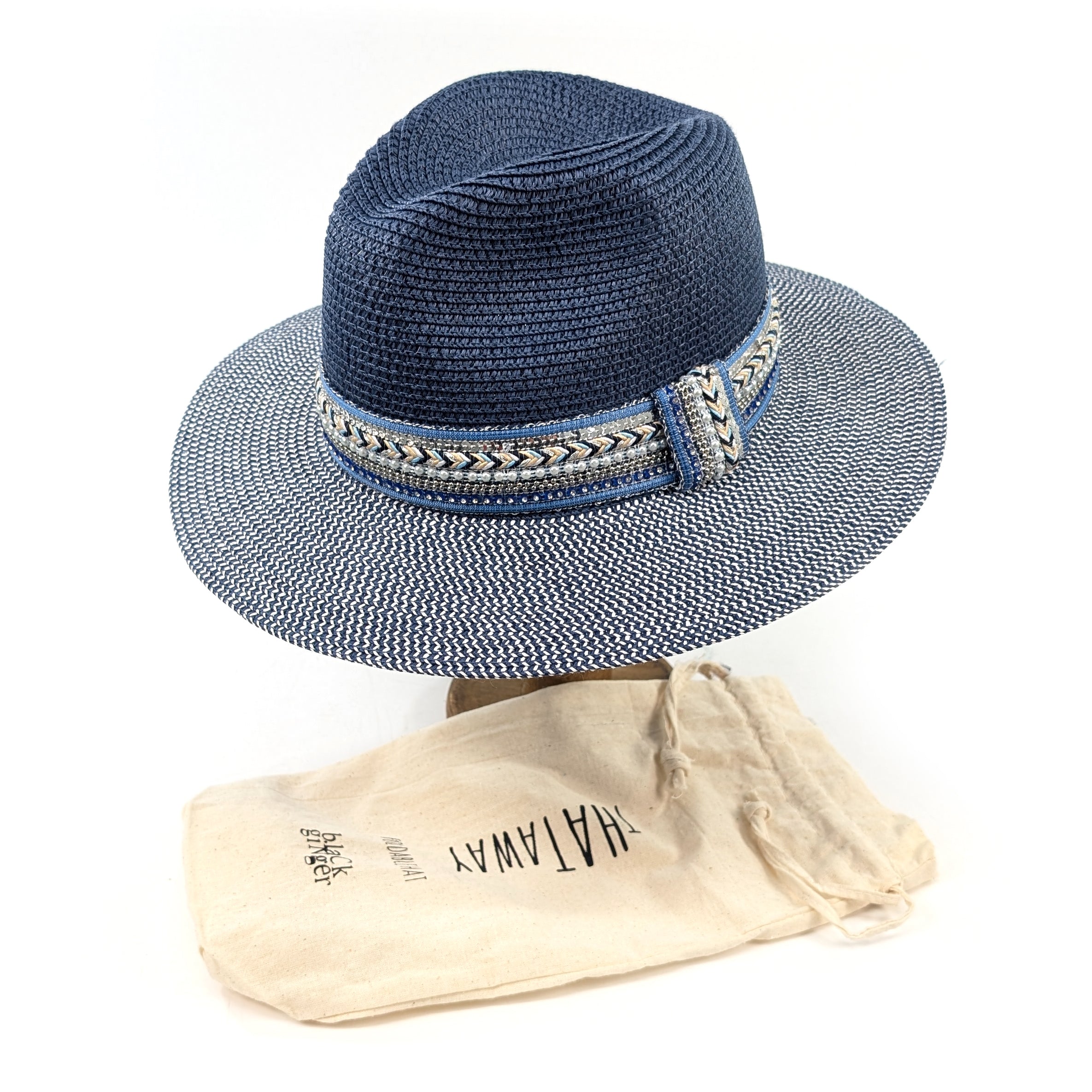 Jewelled Band Panama Foldable Hat (57cm) - Navy Blue