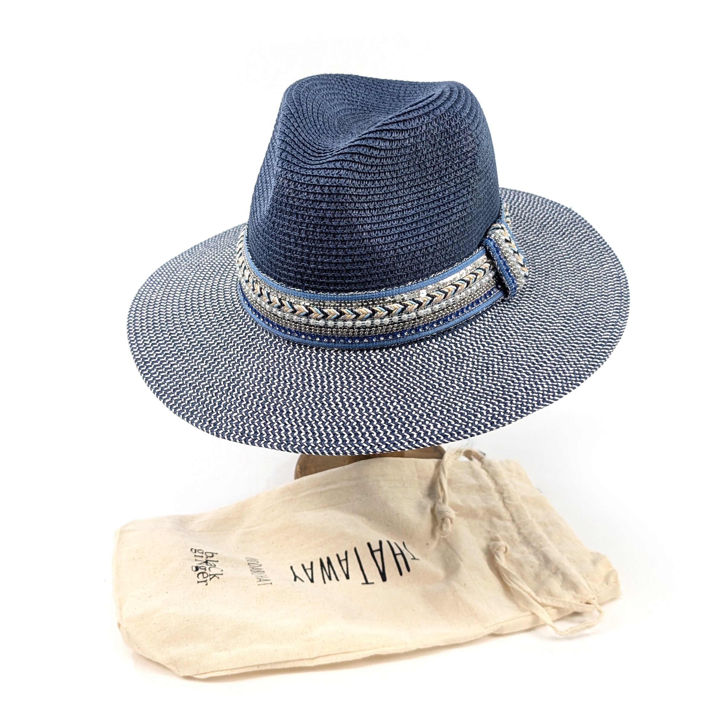 Jewelled Band Panama Foldable Hat (57cm) - Navy Blue