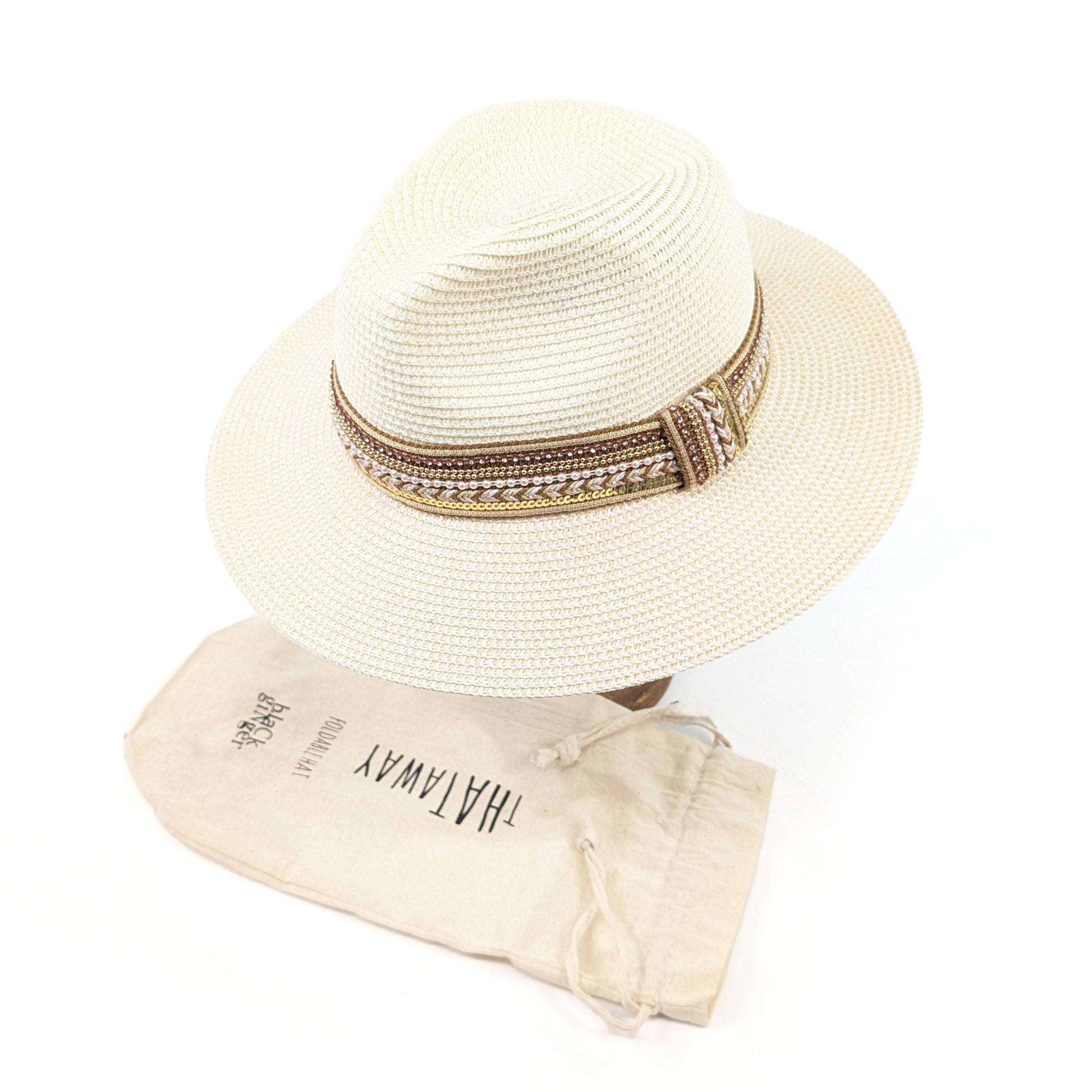 Jewelled Band Panama Foldable Hat (57cm) - Natural