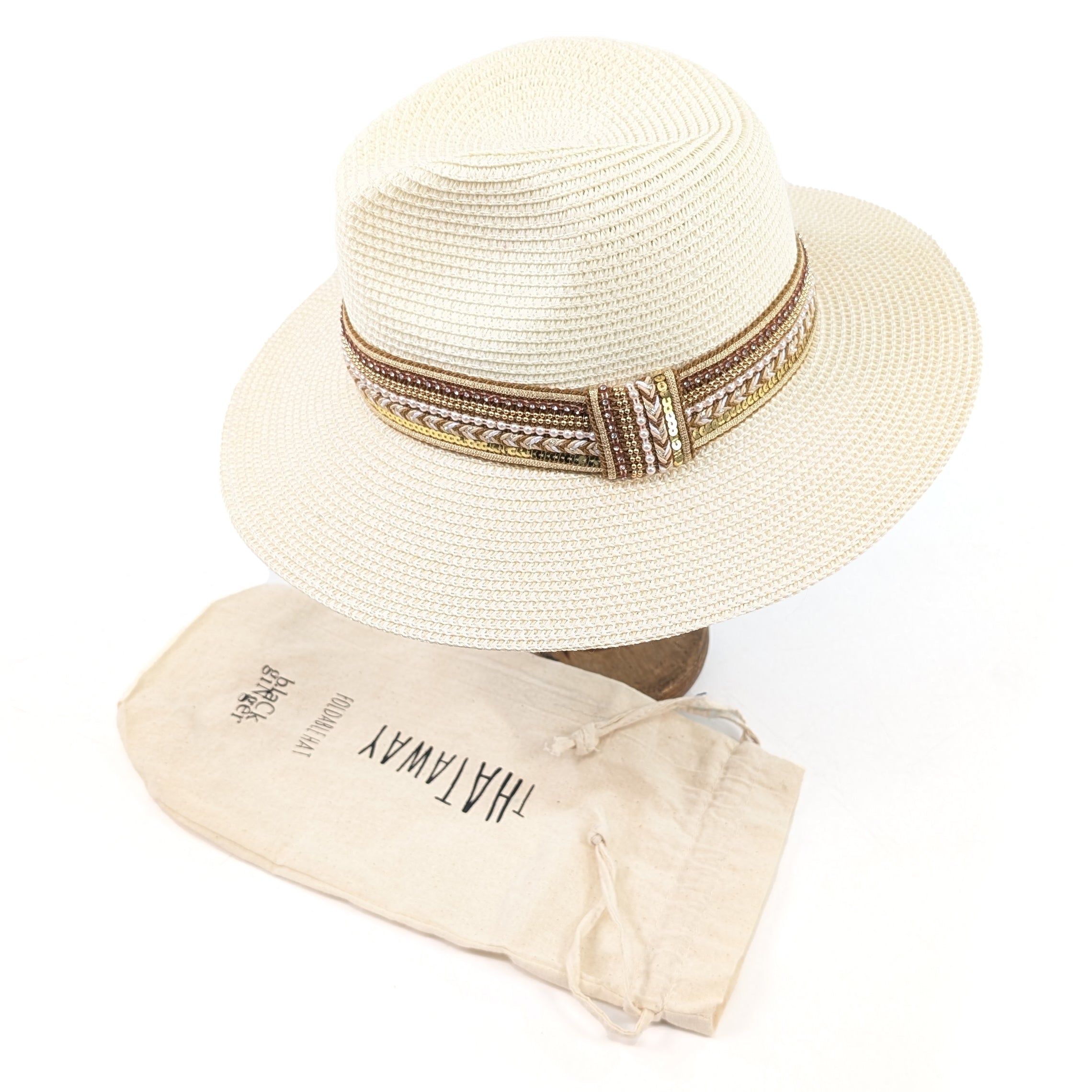 Jewelled Band Panama Foldable Hat (57cm) - Natural