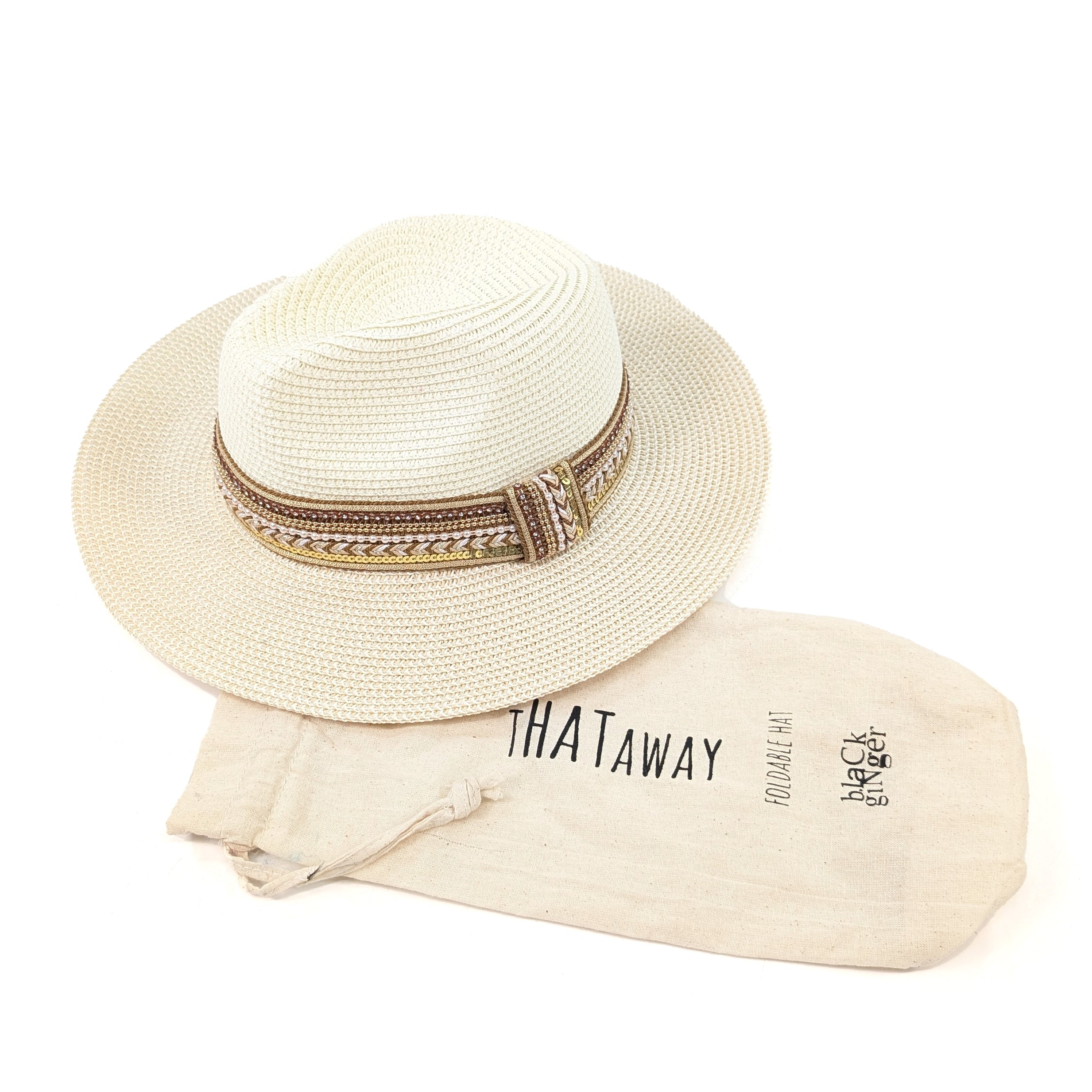 Jewelled Band Panama Foldable Hat (57cm) - Natural