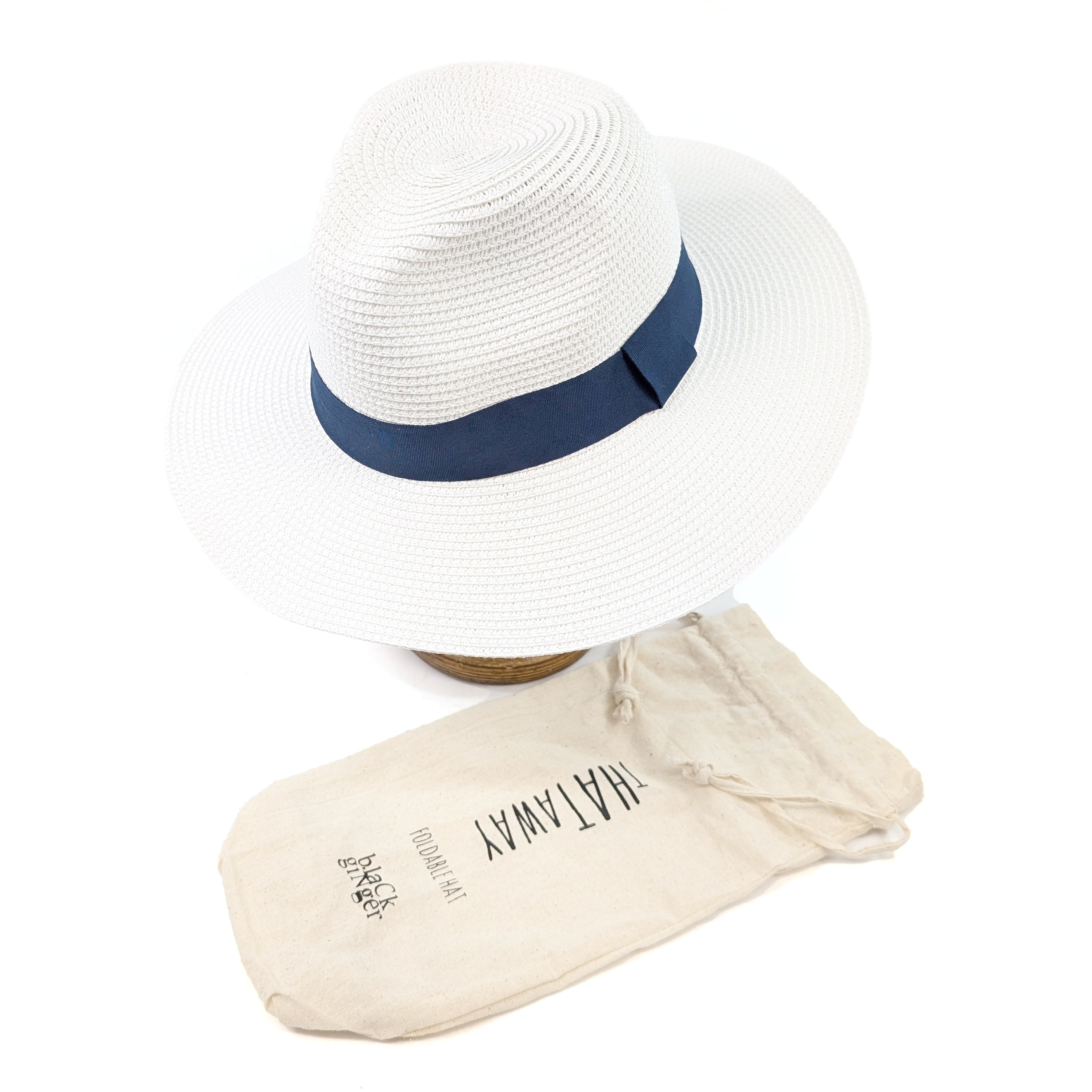 White Panama Foldable Hat (Navy Band) (57cm)