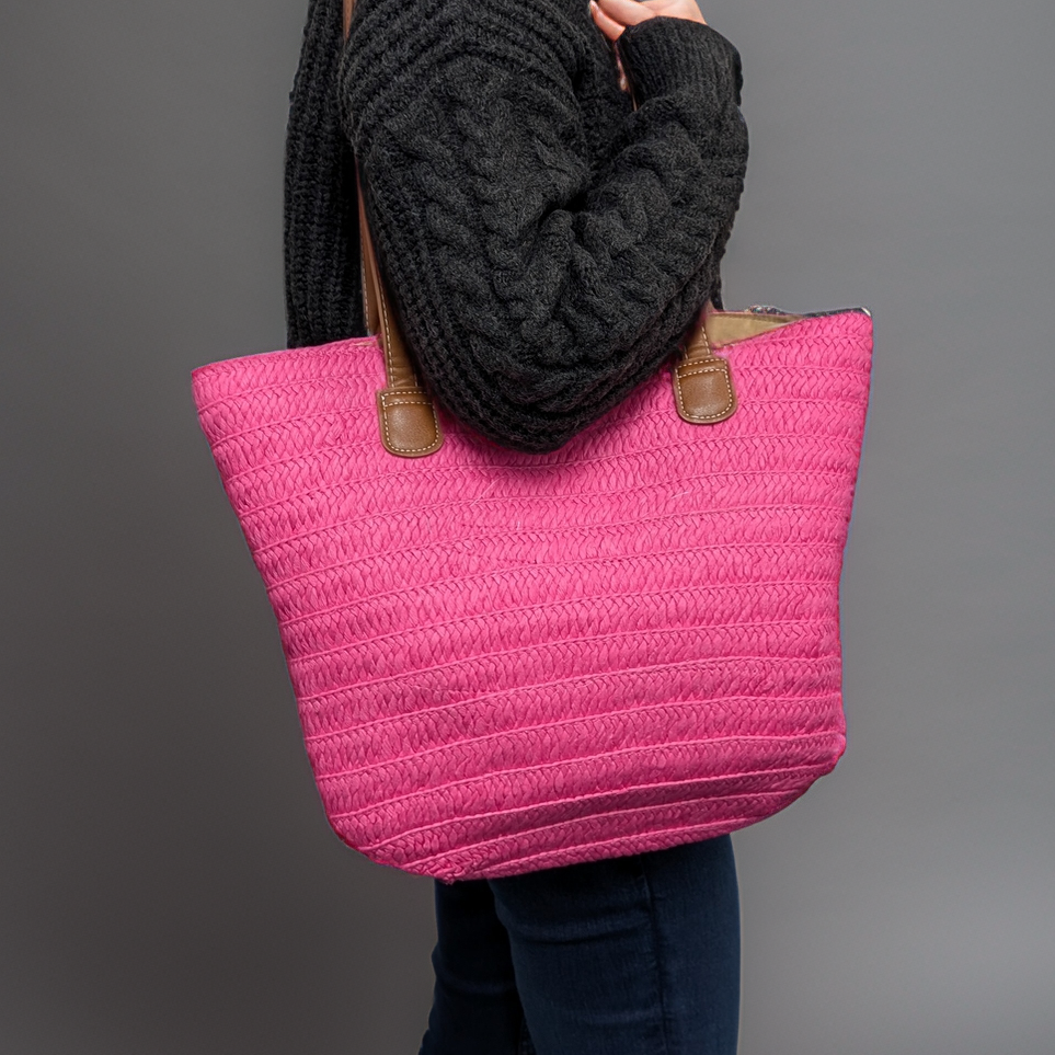 Straw Style Shoulder Bag - Shocking Pink