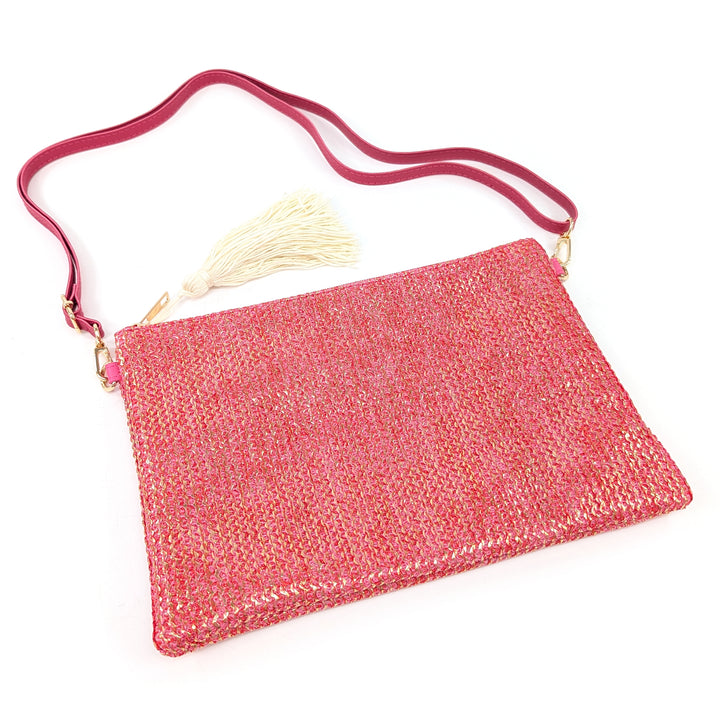 Glitzy Clutch Bag with Tassel (and removeable long handle) - Raspberry Pink
