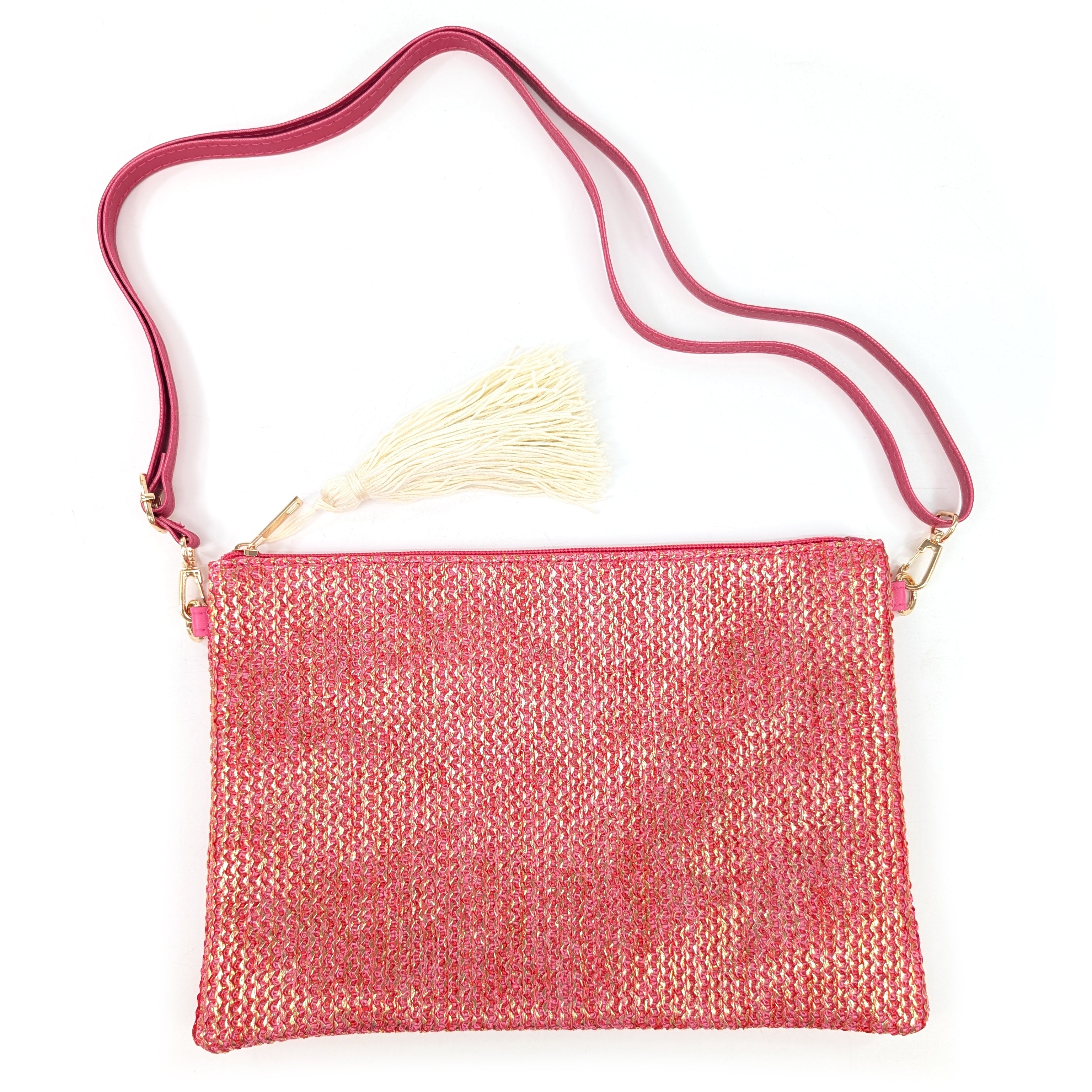 Glitzy Clutch Bag with Tassel (and removeable long handle) - Raspberry Pink