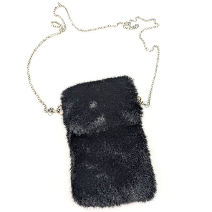 Faux Fur Cross Body Phone Bag with Chain Handle - Black