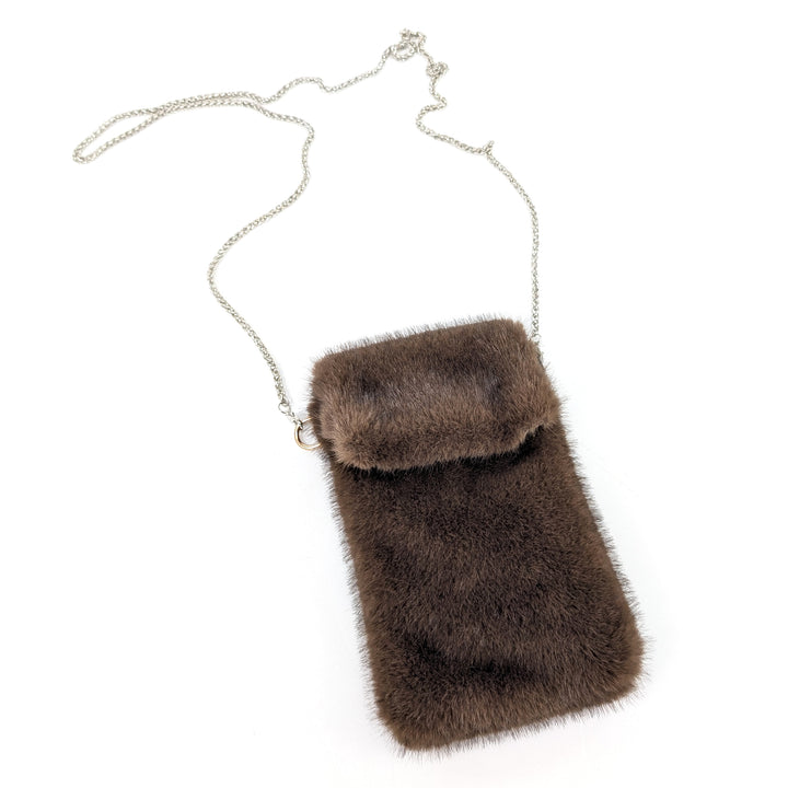 Faux Fur Cross Body Phone Bag with Chain Handle - Dark Brown