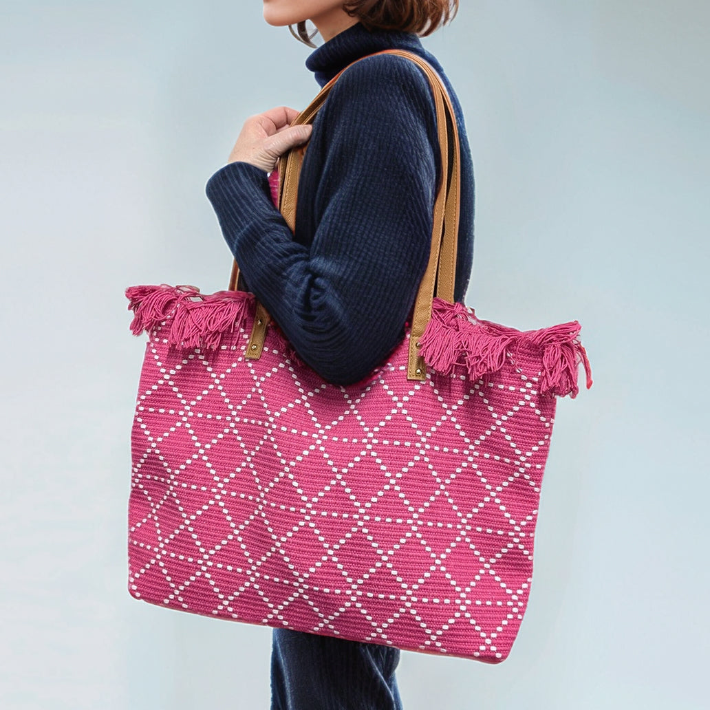 Large Tasseled Tote Bag - Pink