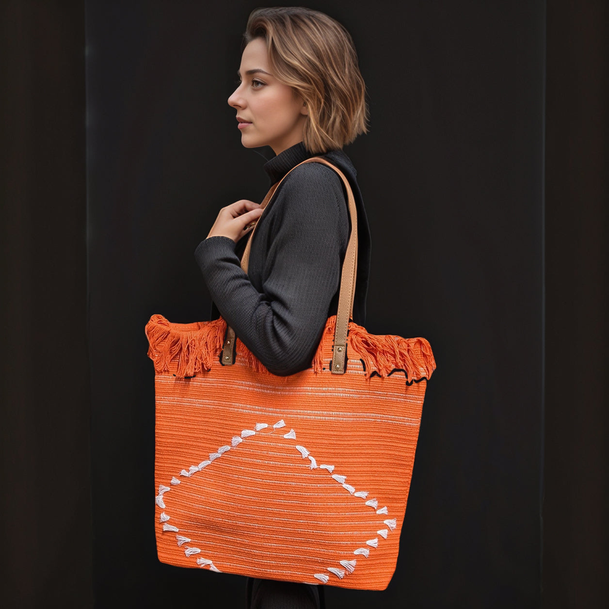 Large Tasseled Tote Bag - Orange