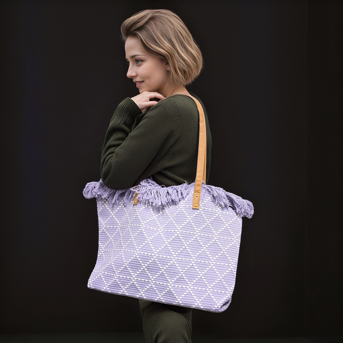 Large Tasseled Tote Bag - Lilac