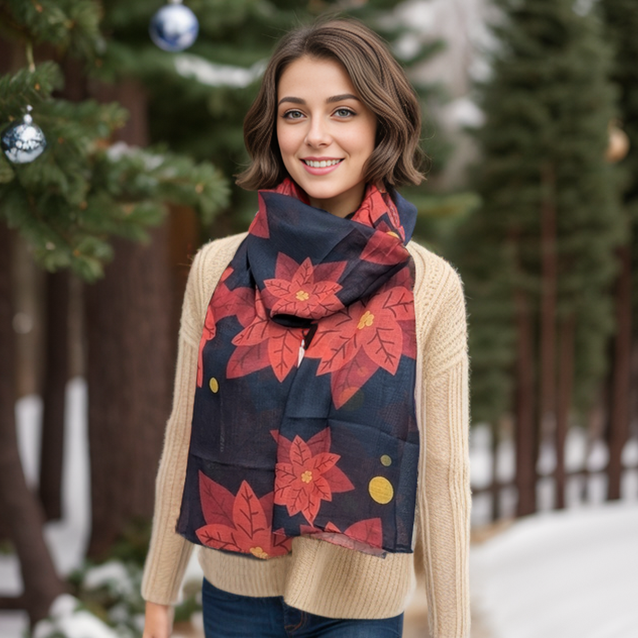 Poinsettia Scarf - Navy Blue - Exclusive Design