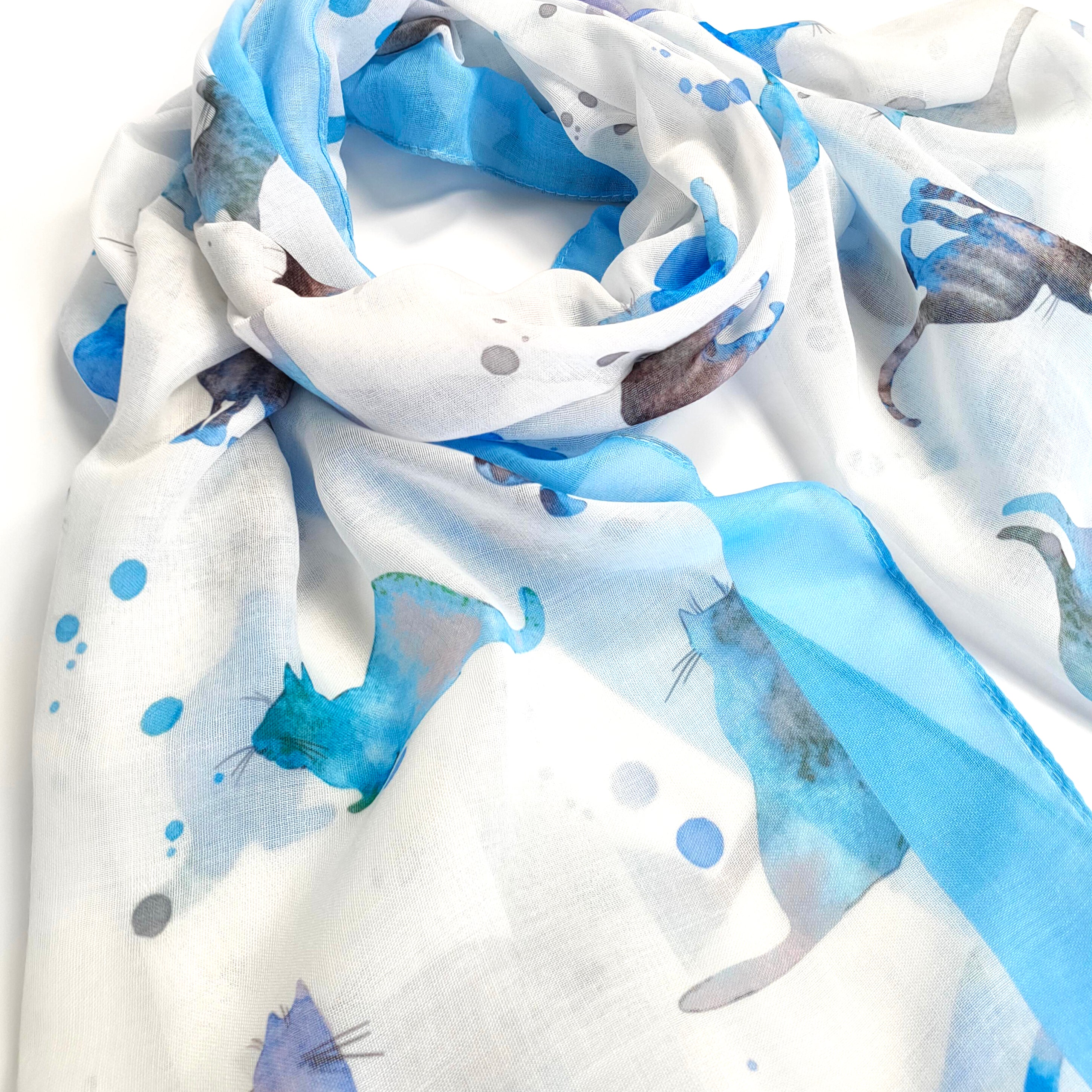 Watercolour Cat Scarf - Blue (50x180cm)