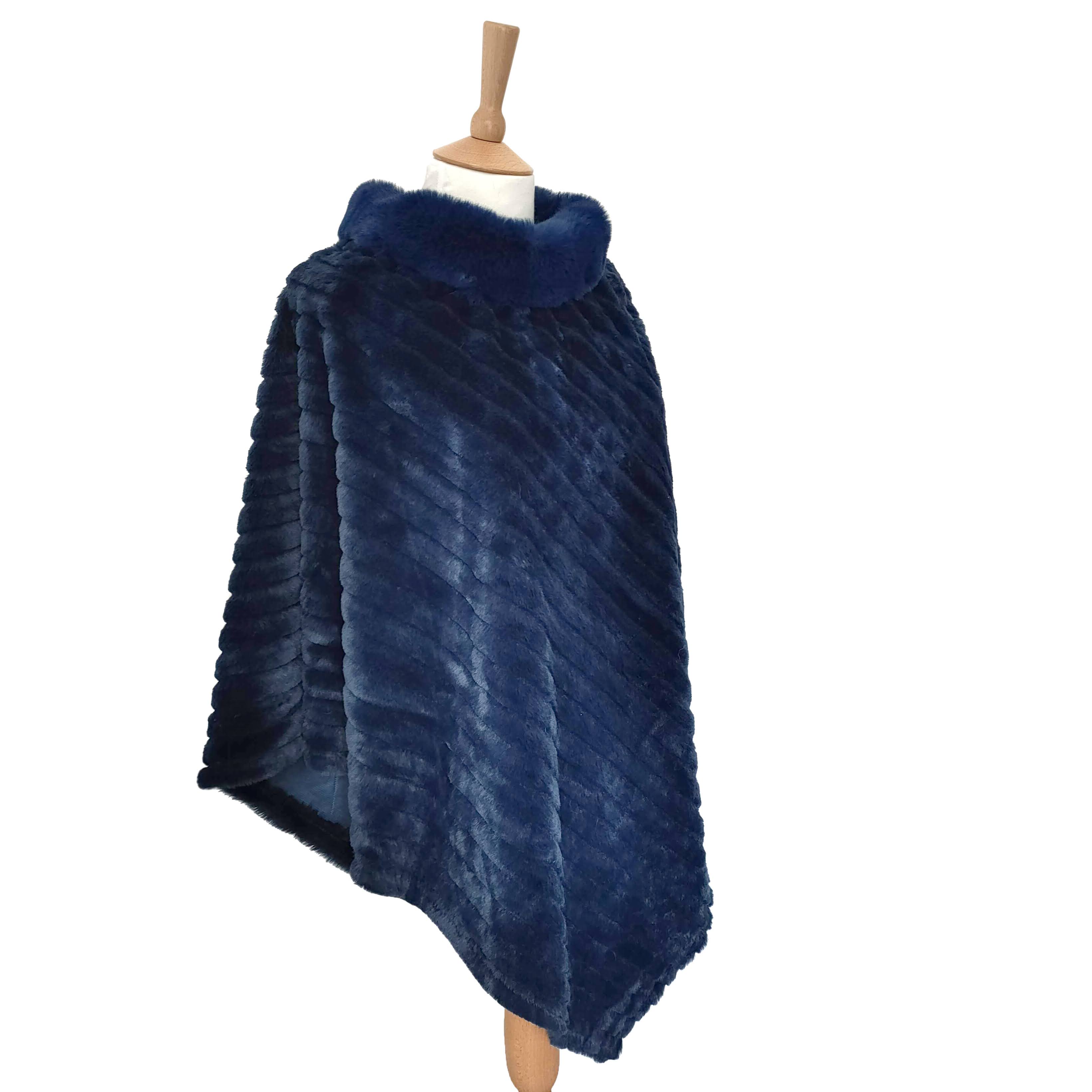 Mattice - Faux Fur Poncho with Collar - Blue