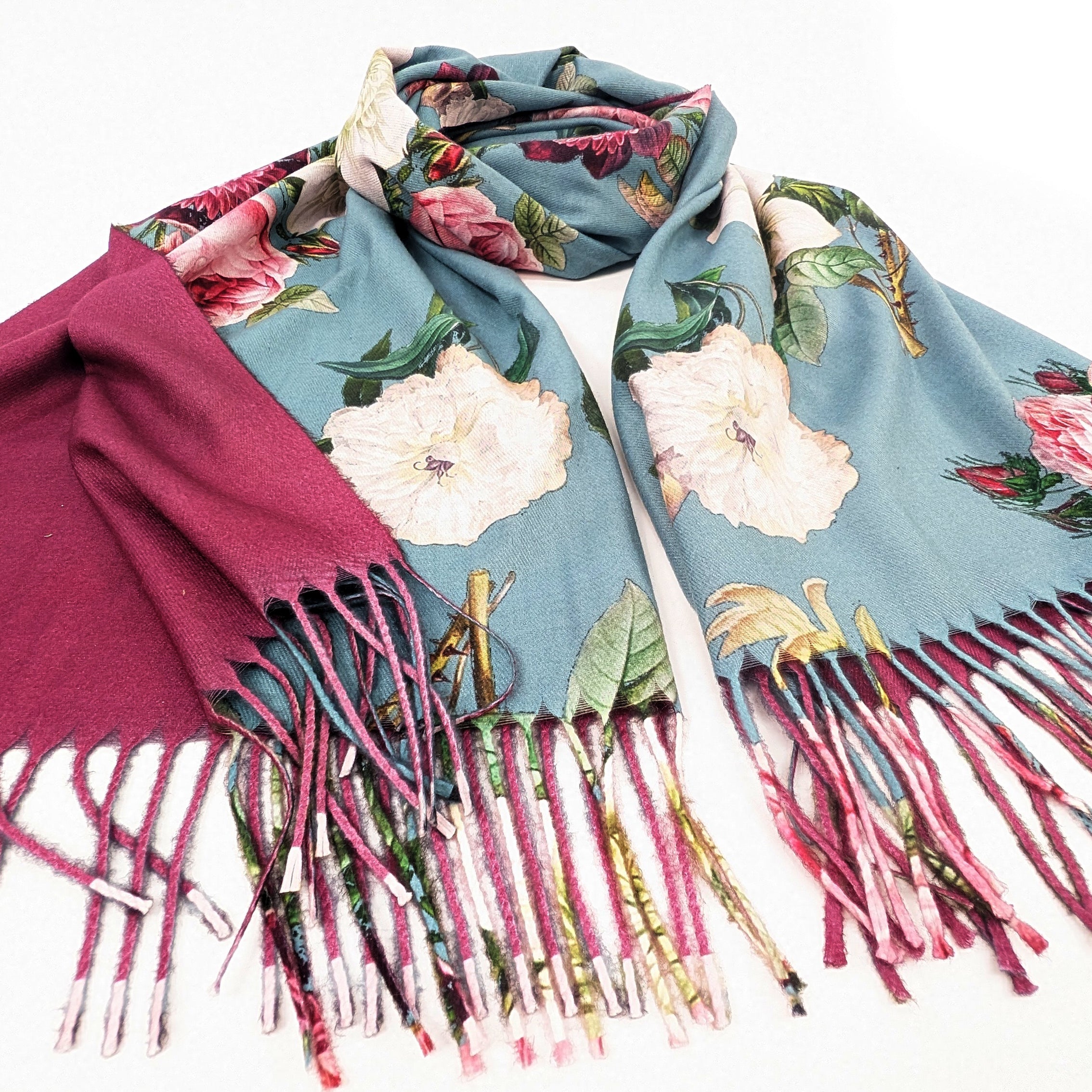 Vintage Roses Pashmina Style Scarf - Green/Raspberry (70x180cm)