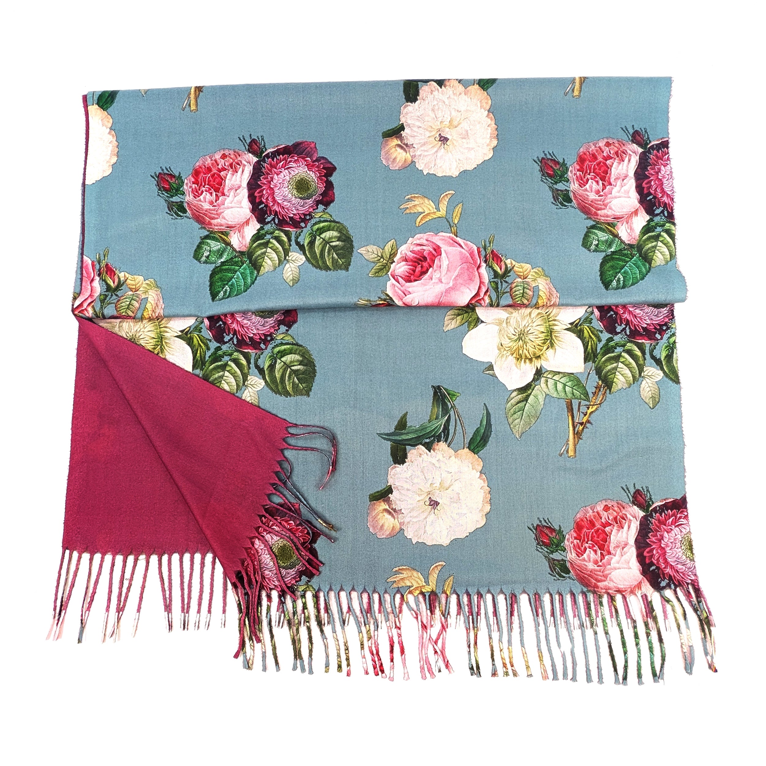 Vintage Roses Pashmina Style Scarf - Green/Raspberry (70x180cm)