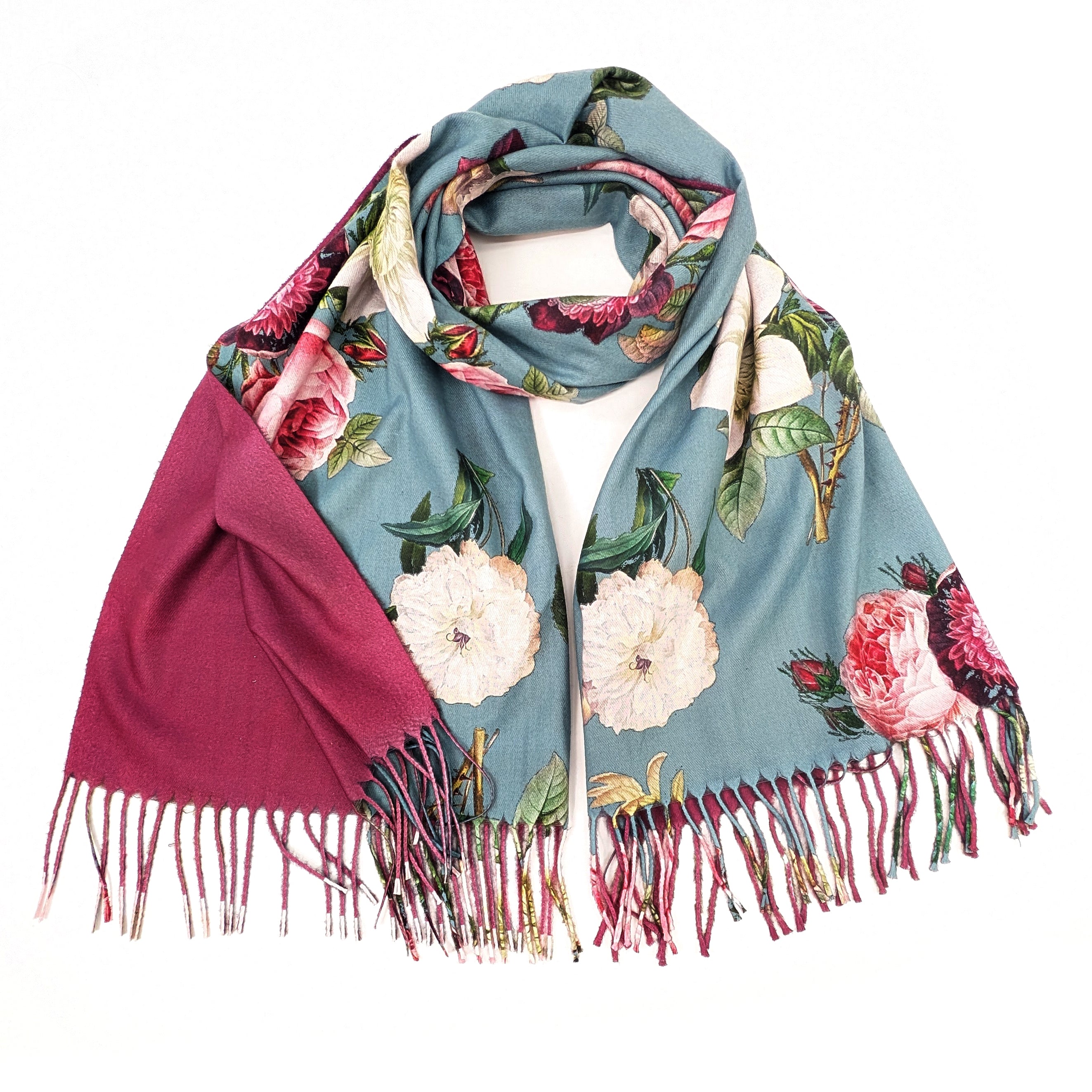 Vintage Roses Pashmina Style Scarf - Green/Raspberry (70x180cm)