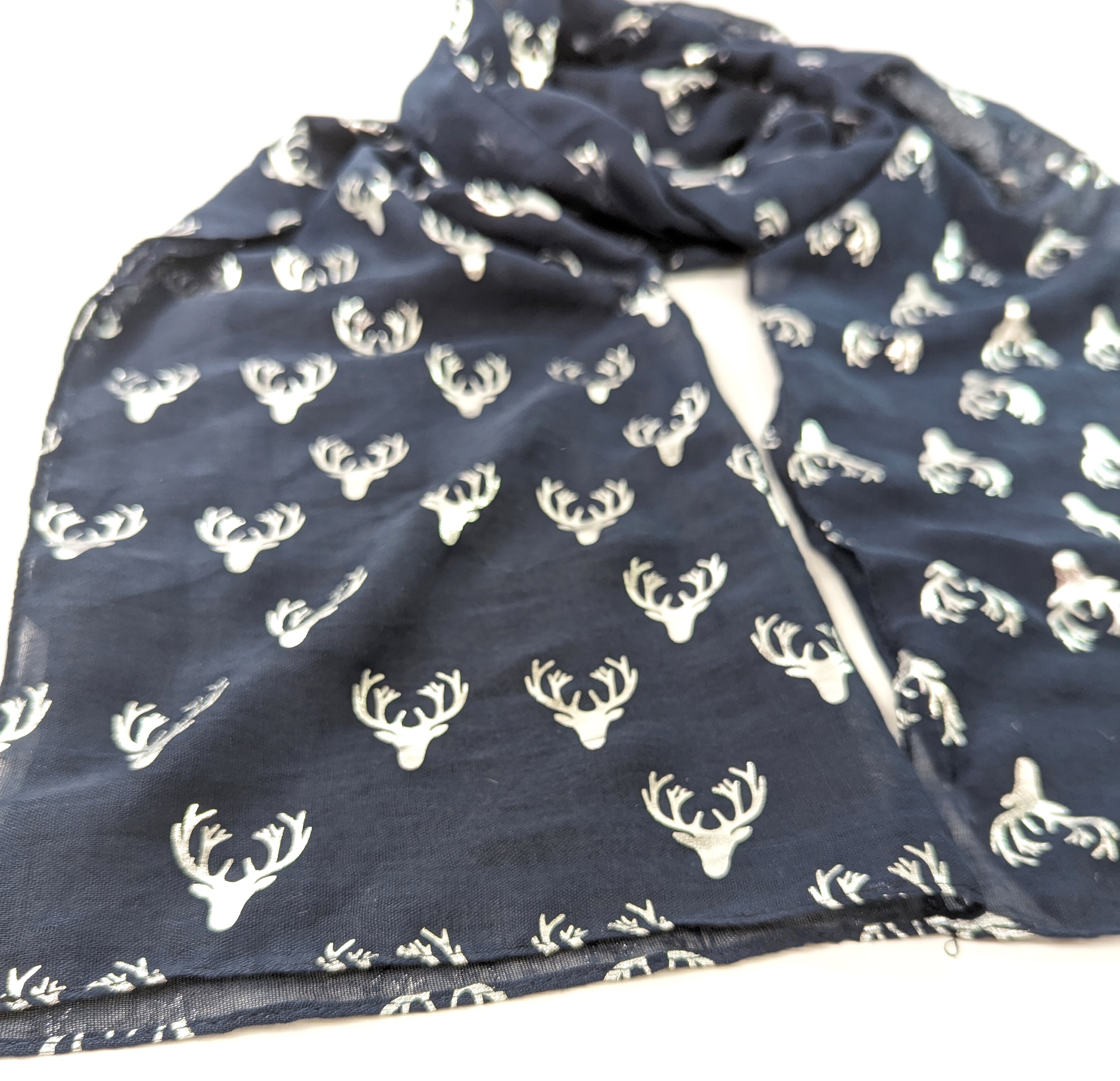 Seli - Stag Head Scarf - Silver on Navy